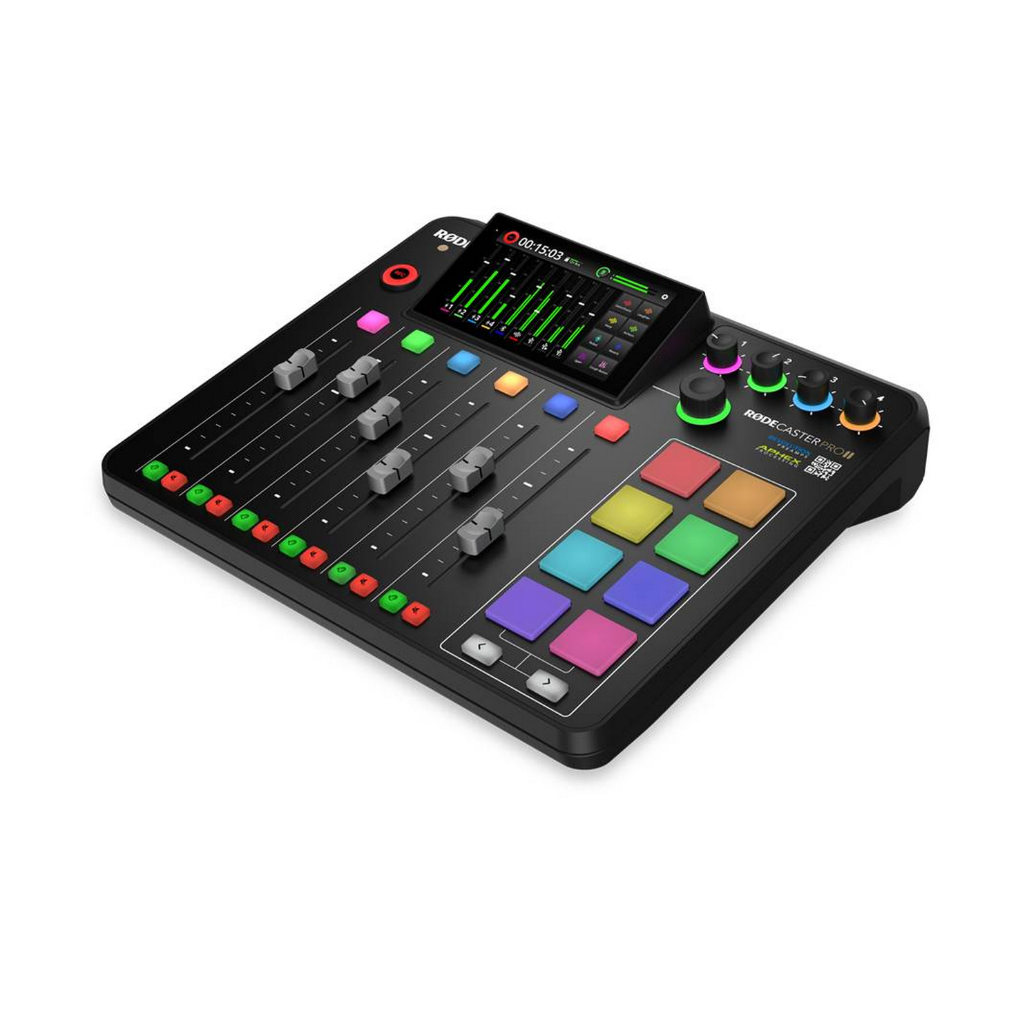 Een zwarte RODECAST PRO II audiotafel met schuifregelaars, knoppen en gekleurde pads.