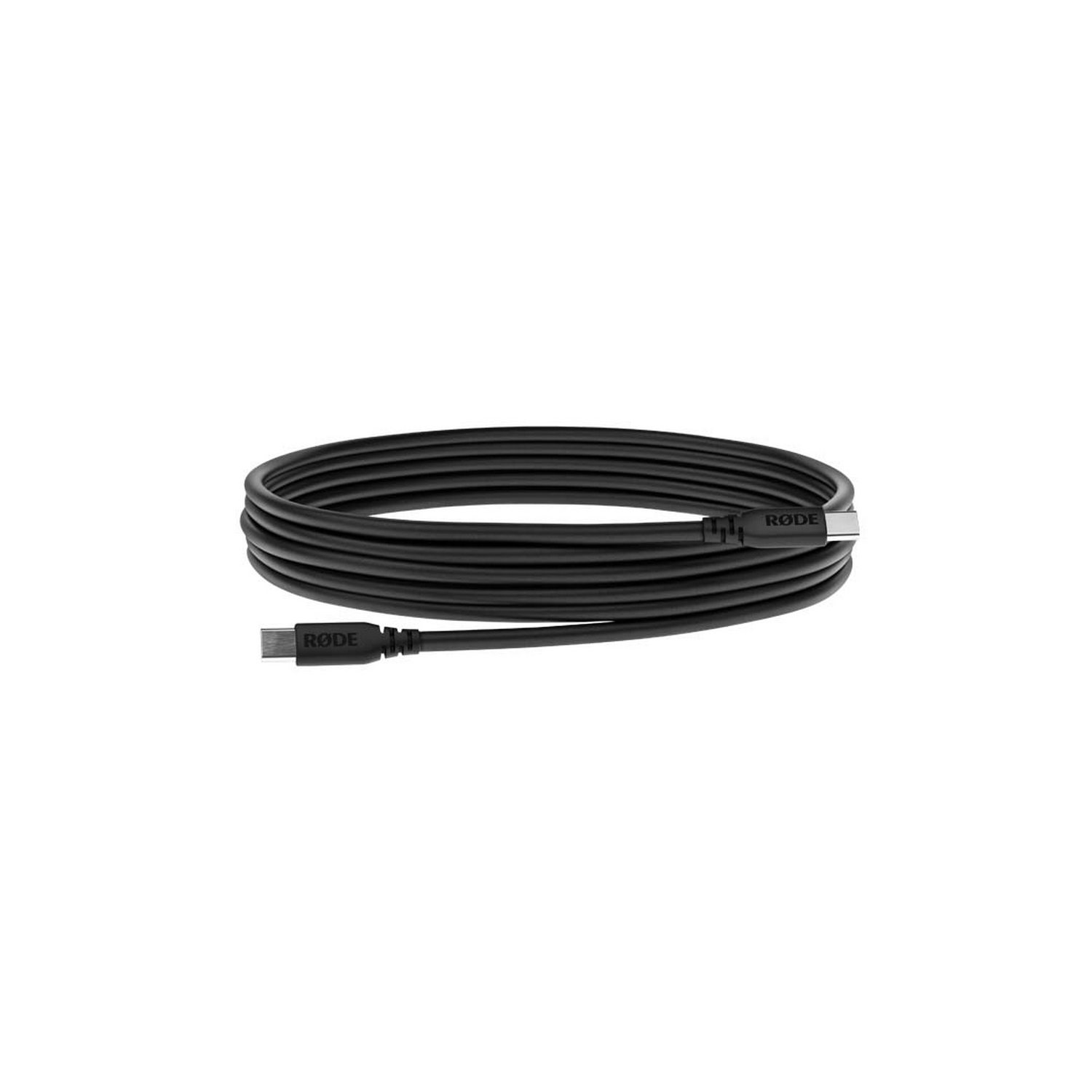 Een opgerolde zwarte RODE kabel met aan beide uiteinden USB-C-connectoren.