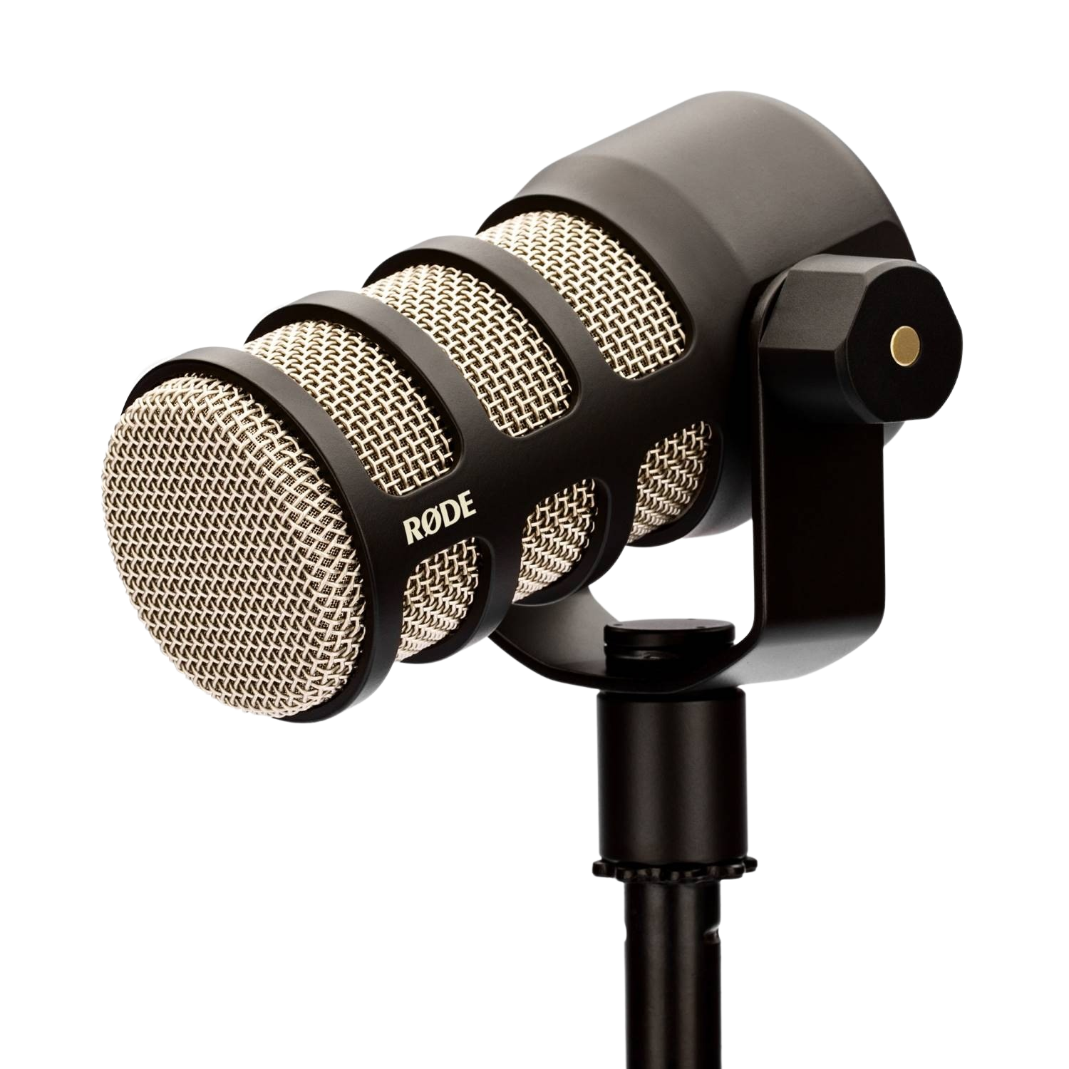 A black RØDE microphone with a gold grille on a stand against a black background.