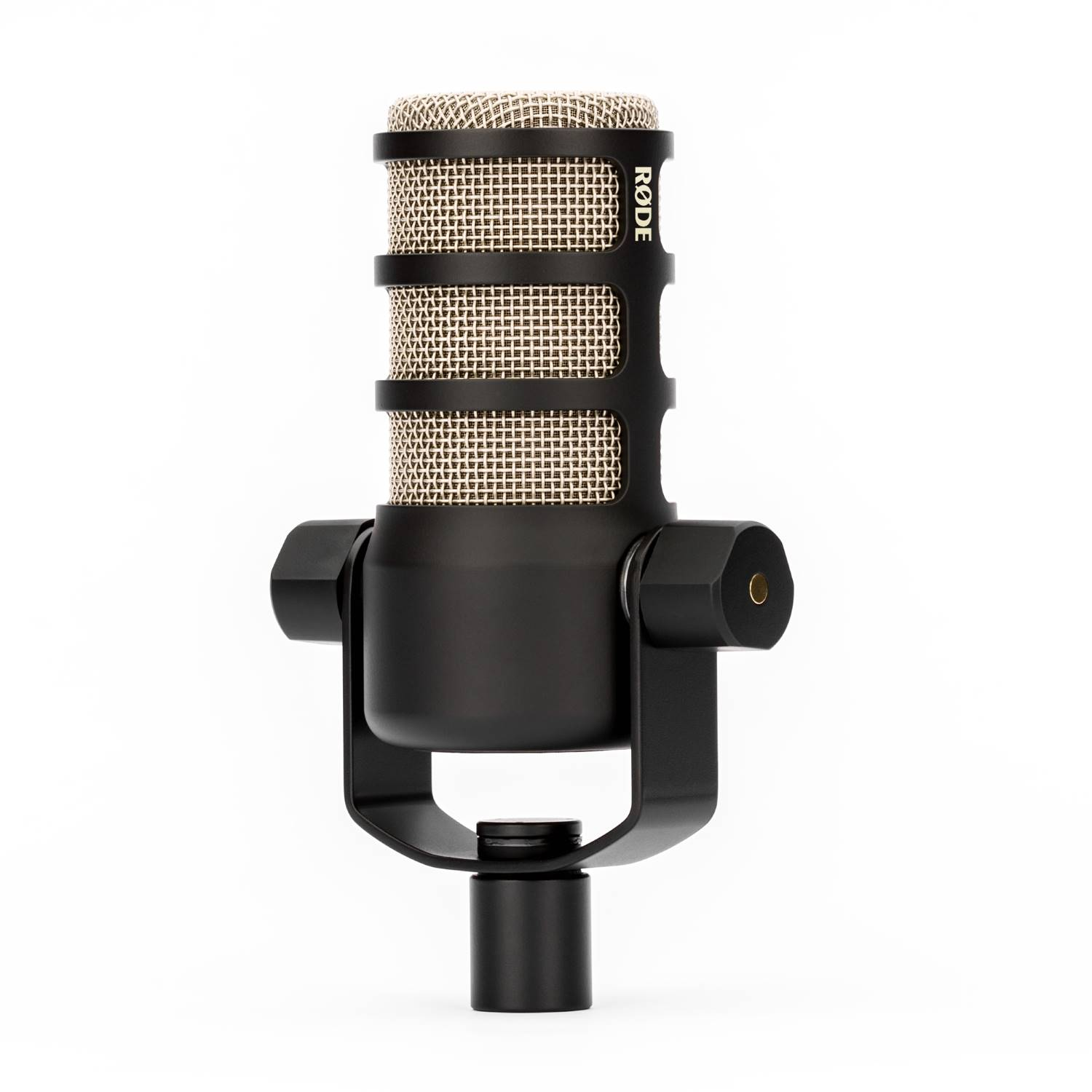 Black condenser microphone with gold grille and RØDE logo on a white background.