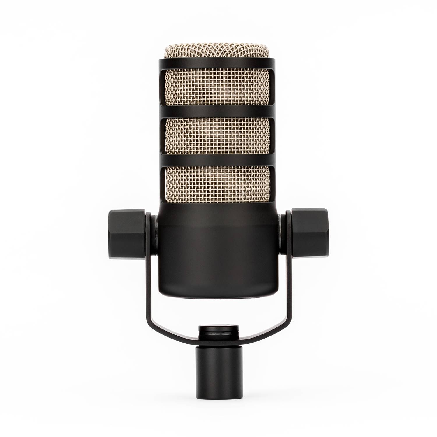 A black condenser microphone with a gold mesh grille, isolated on a white background.