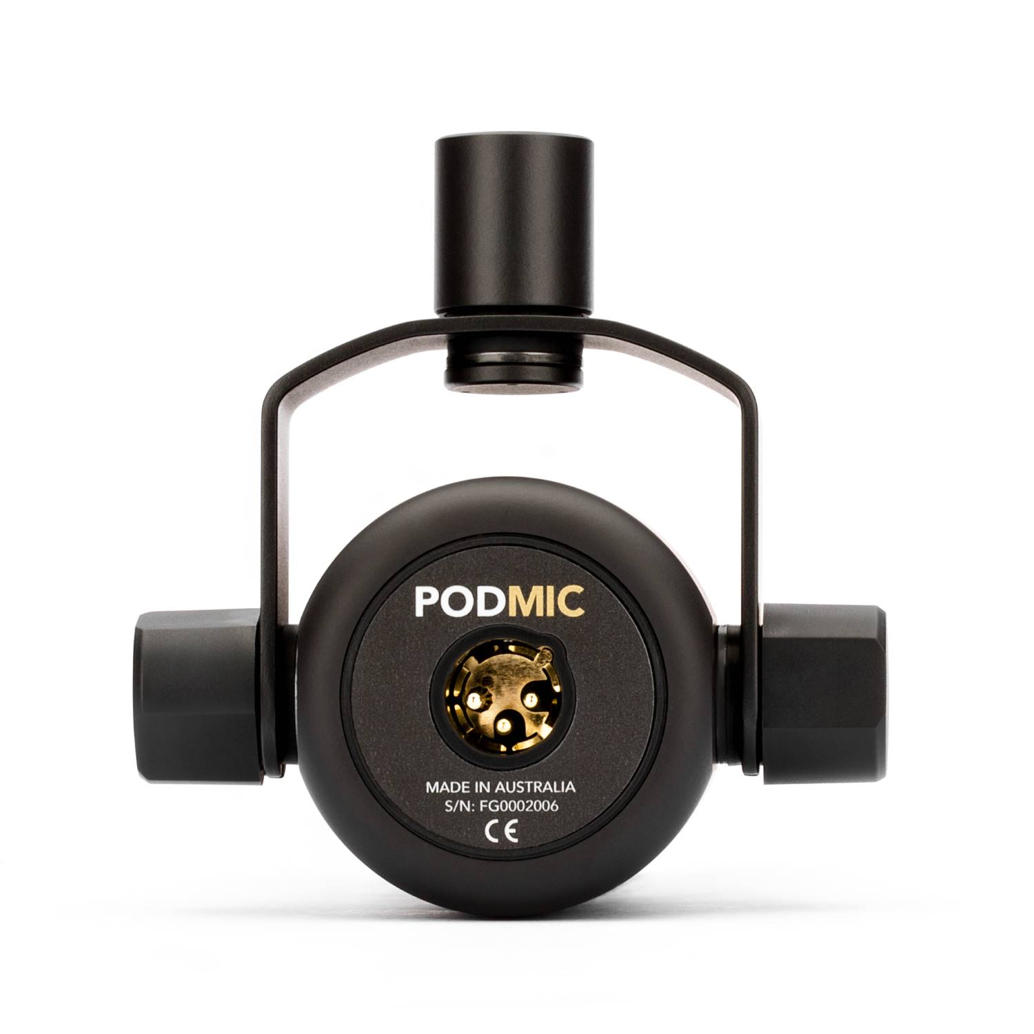 Black microphone mount with gold XLR socket and "PODMIC" logo.