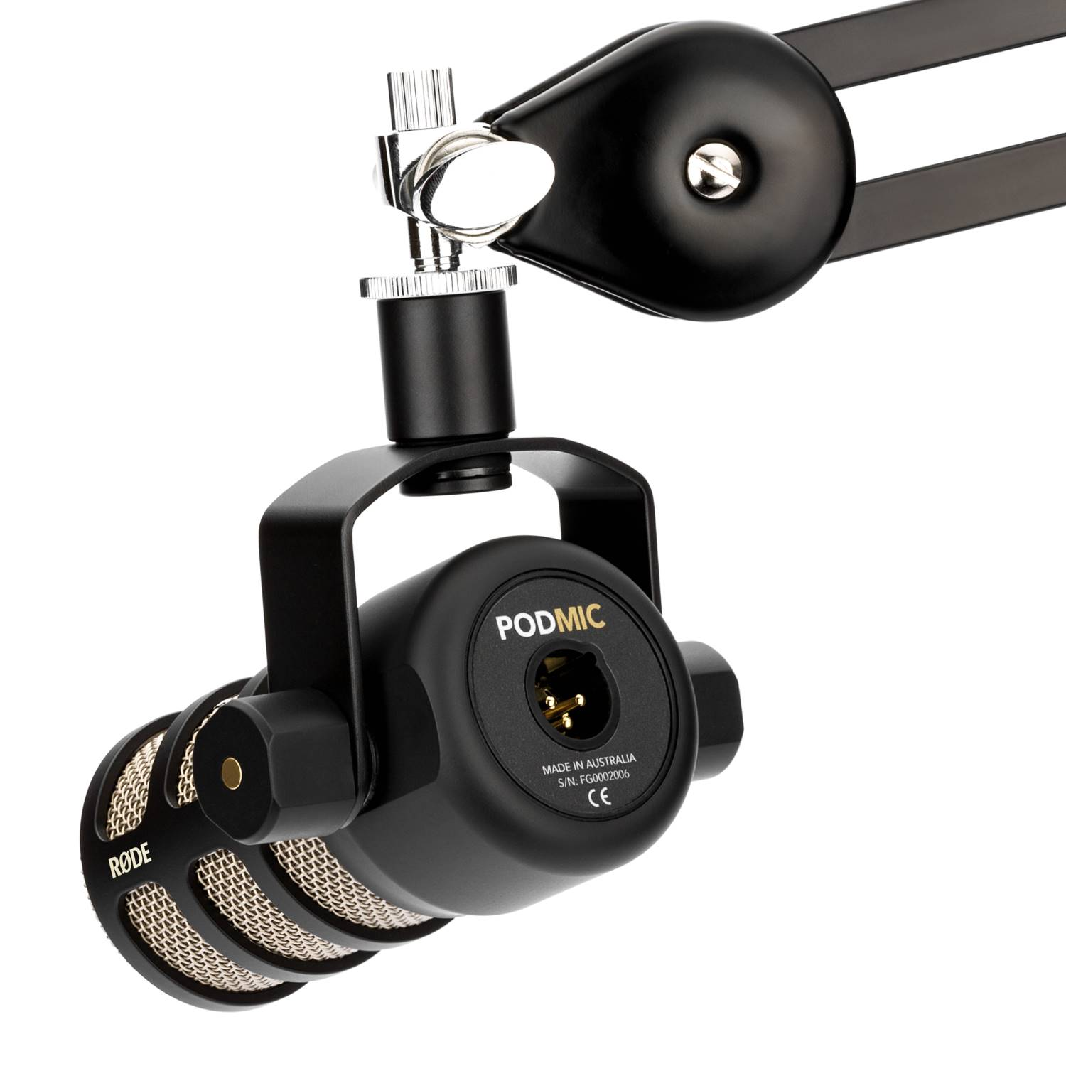 Black microphone on an adjustable arm, with silver accents.