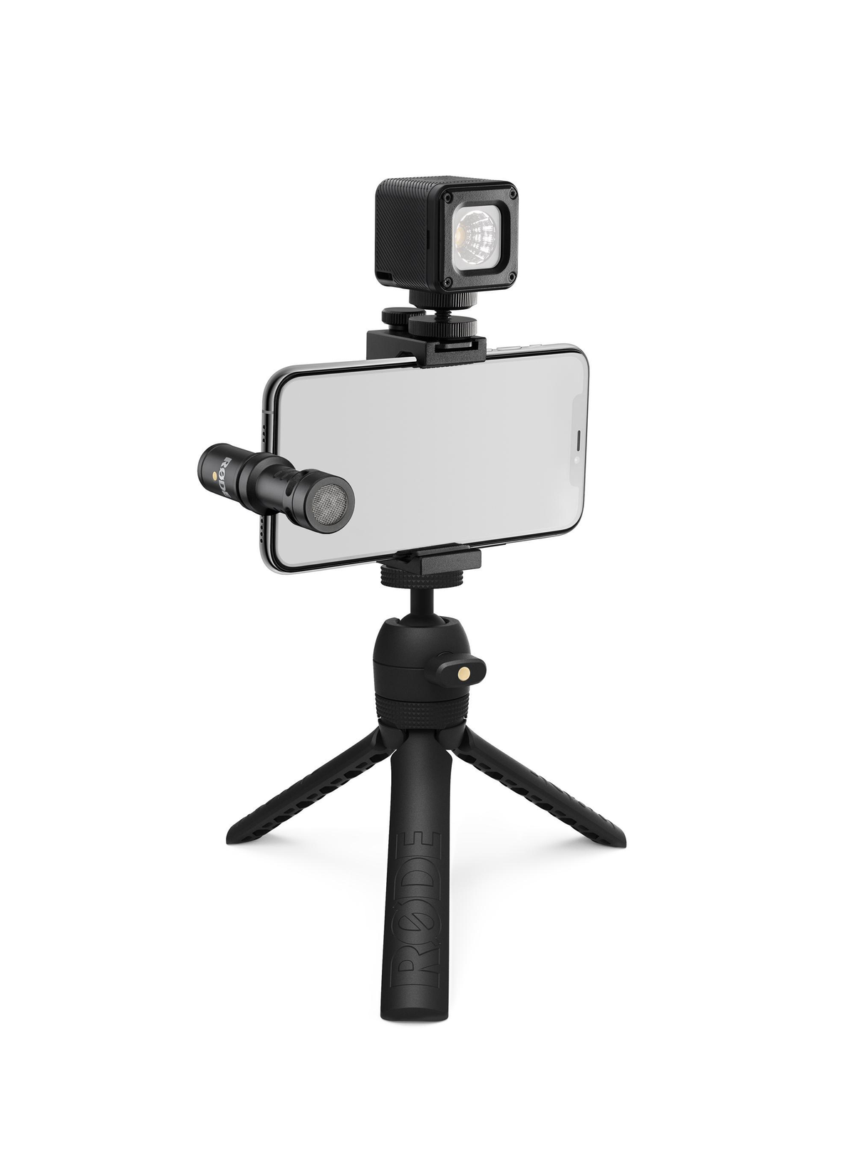 Smartphone su treppiede con microfono e luce LED.
