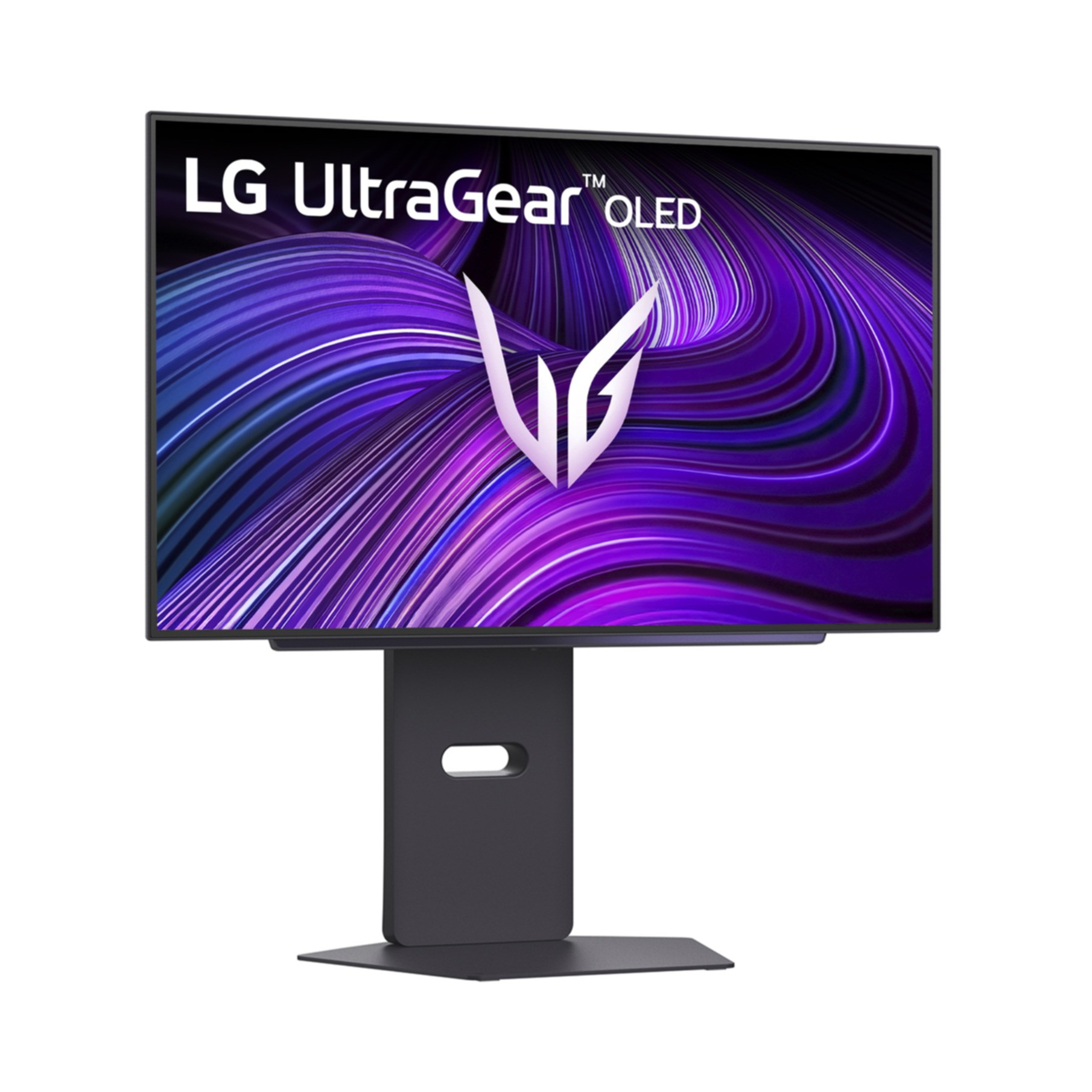 Ein LG UltraGear OLED-Monitor mit einem lila und blauen Hintergrund. Der Standfuß ist dunkelgrau.