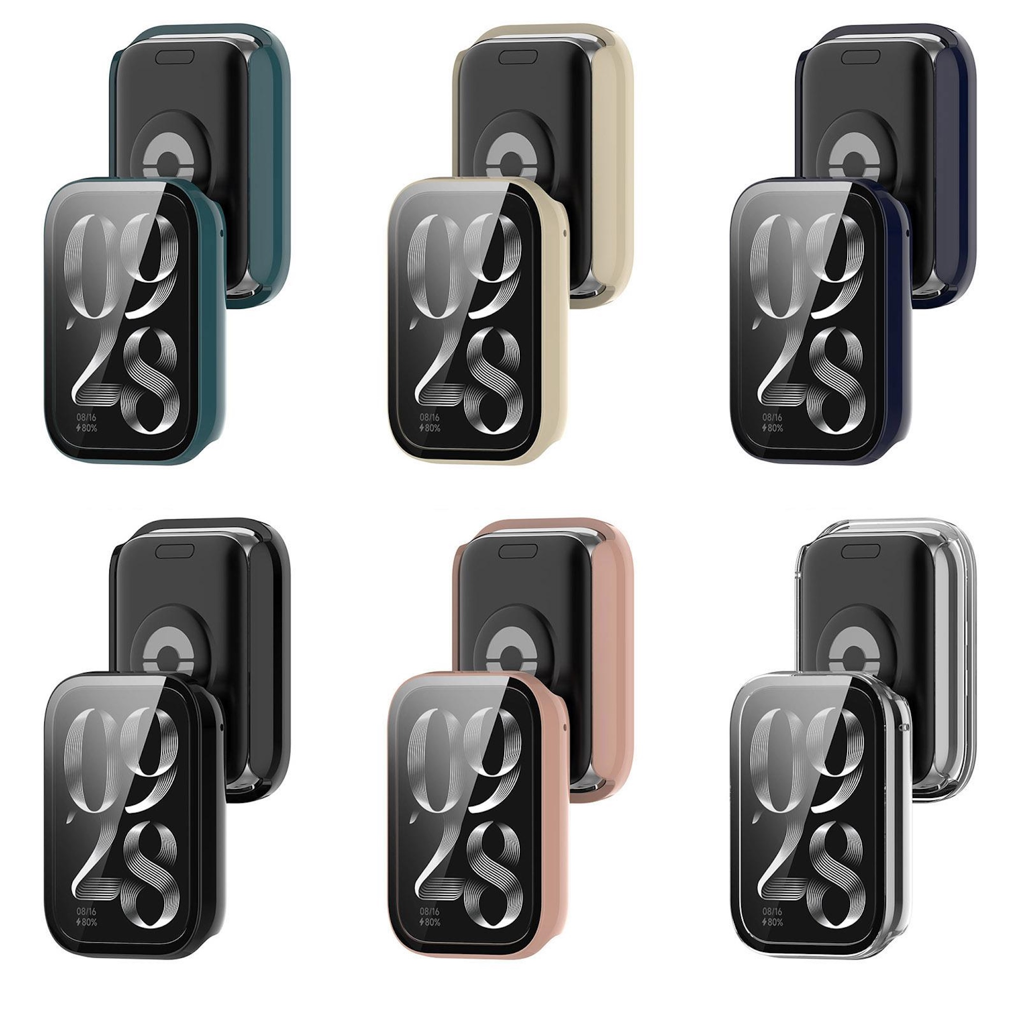 Sechs Smartwatch-Hüllen in verschiedenen Farben: Blau, Beige, Dunkelblau, Schwarz, Rosa, Klar.