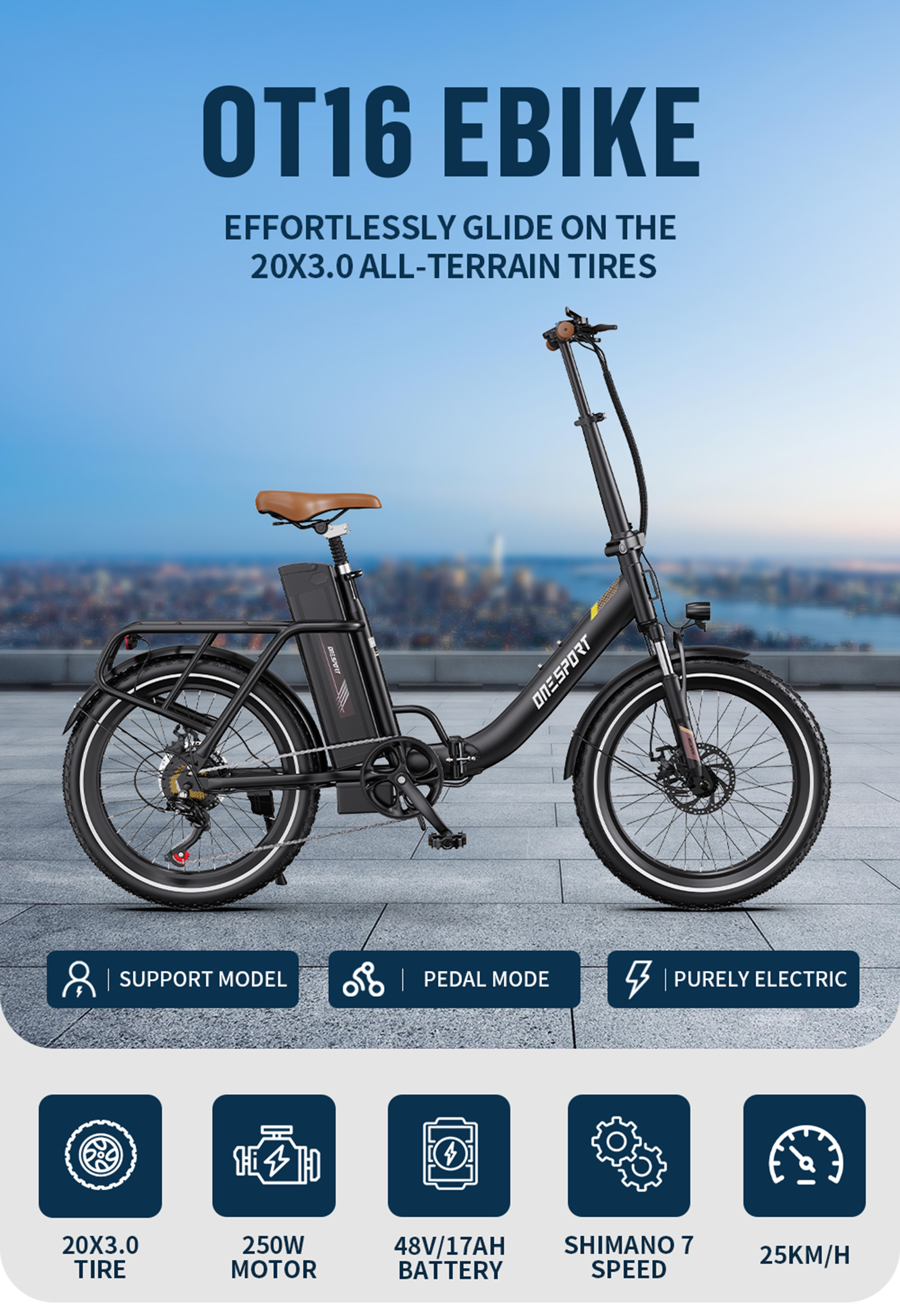 Schwarzes OT16 E-Bike mit braunem Sattel, 20x3.0 Reifen, Rücklicht und Display.