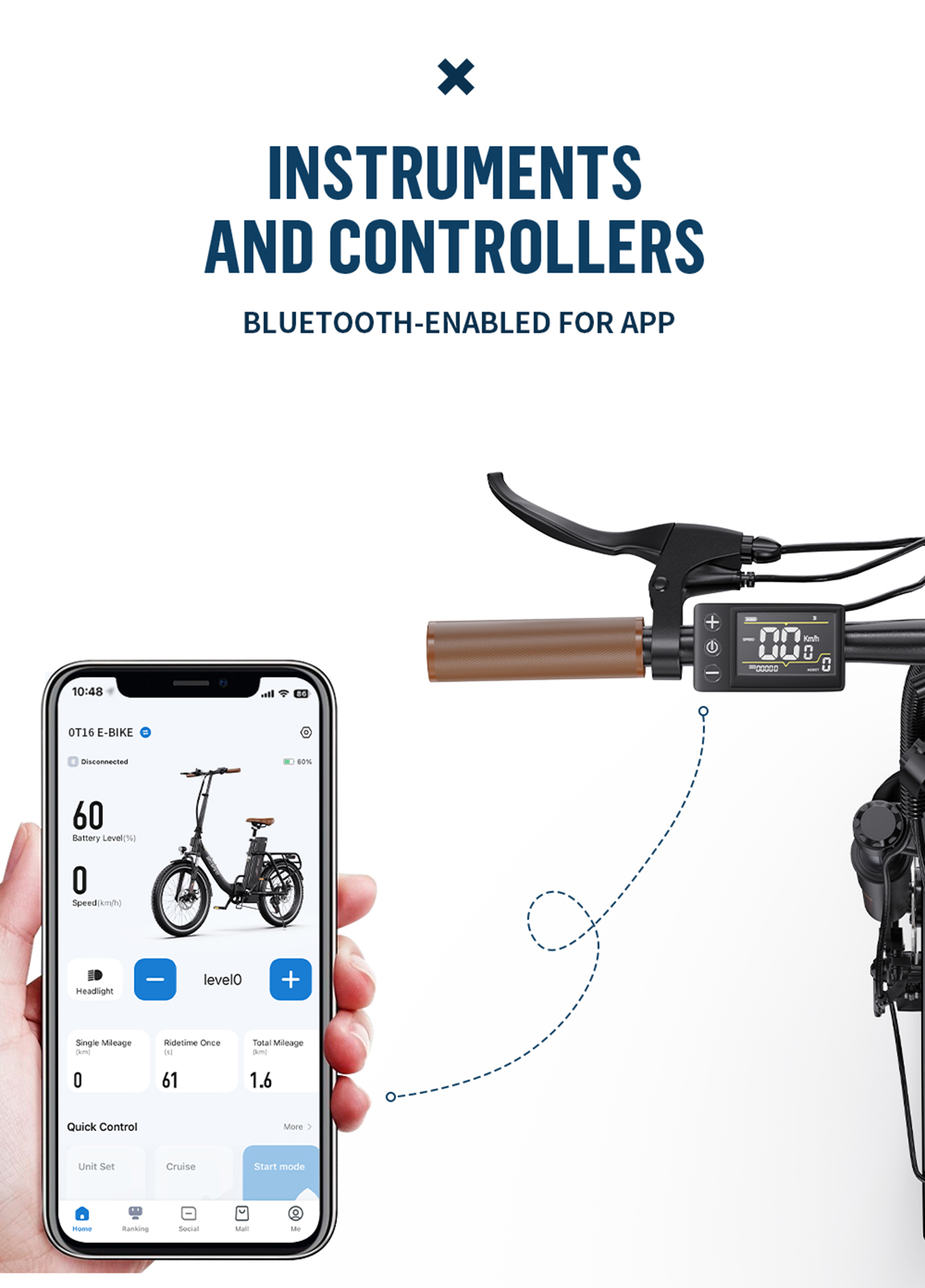 Ein Smartphone zeigt eine E-Bike-App mit Akku und Geschwindigkeit. Ein Fahrradlenker mit Display ist daneben.