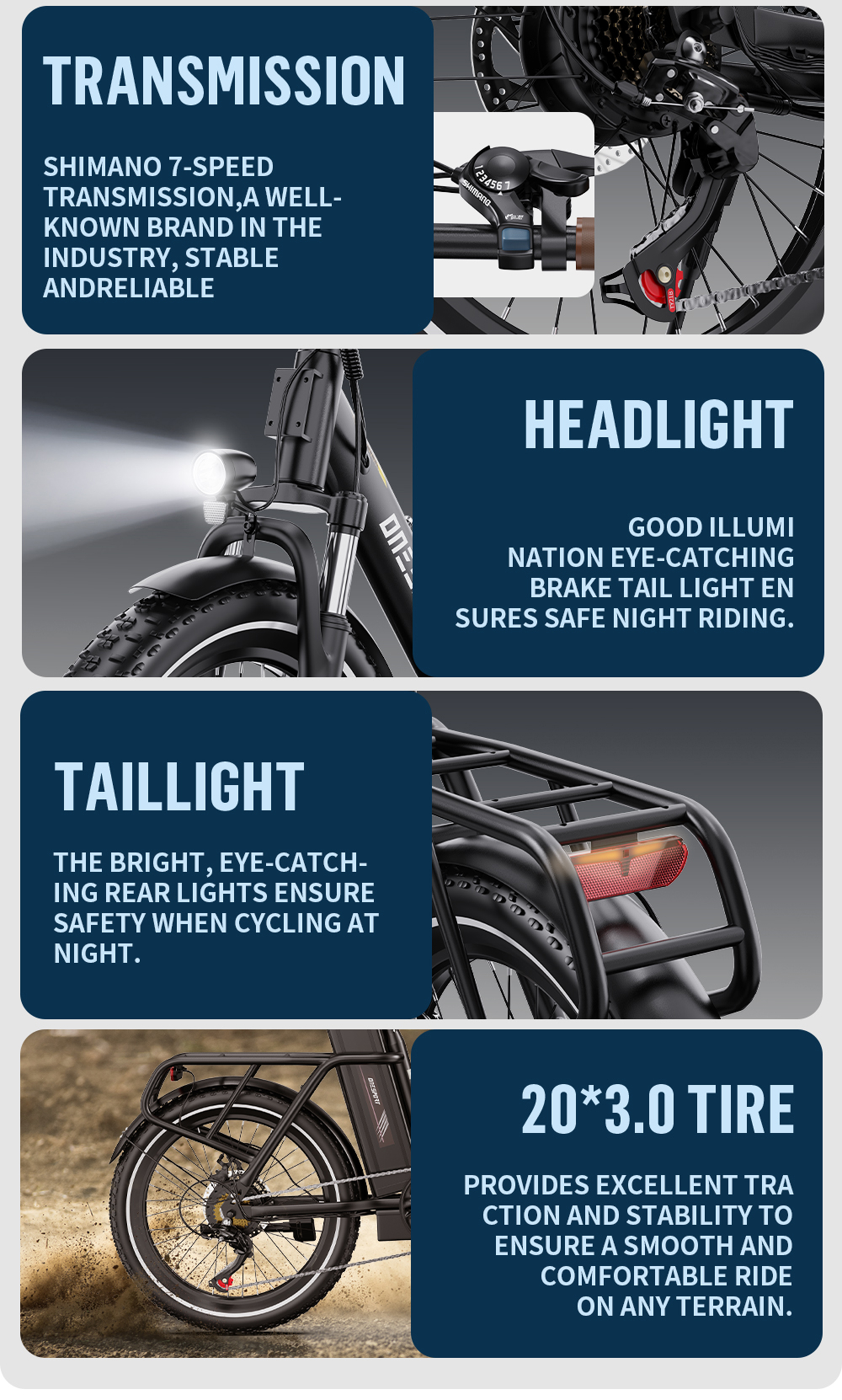 E-Bike-Komponenten: Shimano 7-Gang-Schaltung, Scheinwerfer, Rücklicht und 20x3,0-Reifen.
