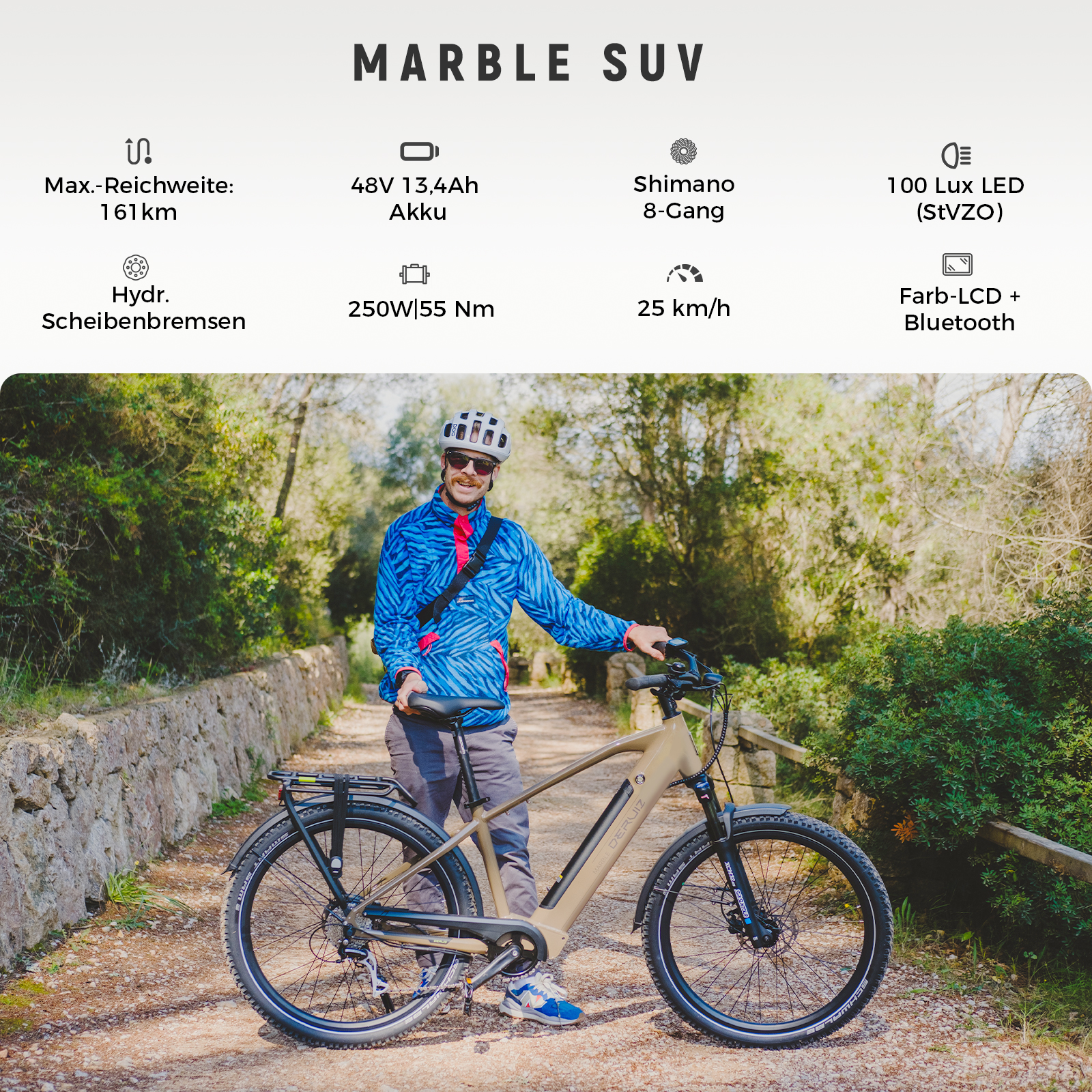 Mann mit E-Bike im Wald, Spezifikationen wie 161 km Reichweite, 250W Motor.