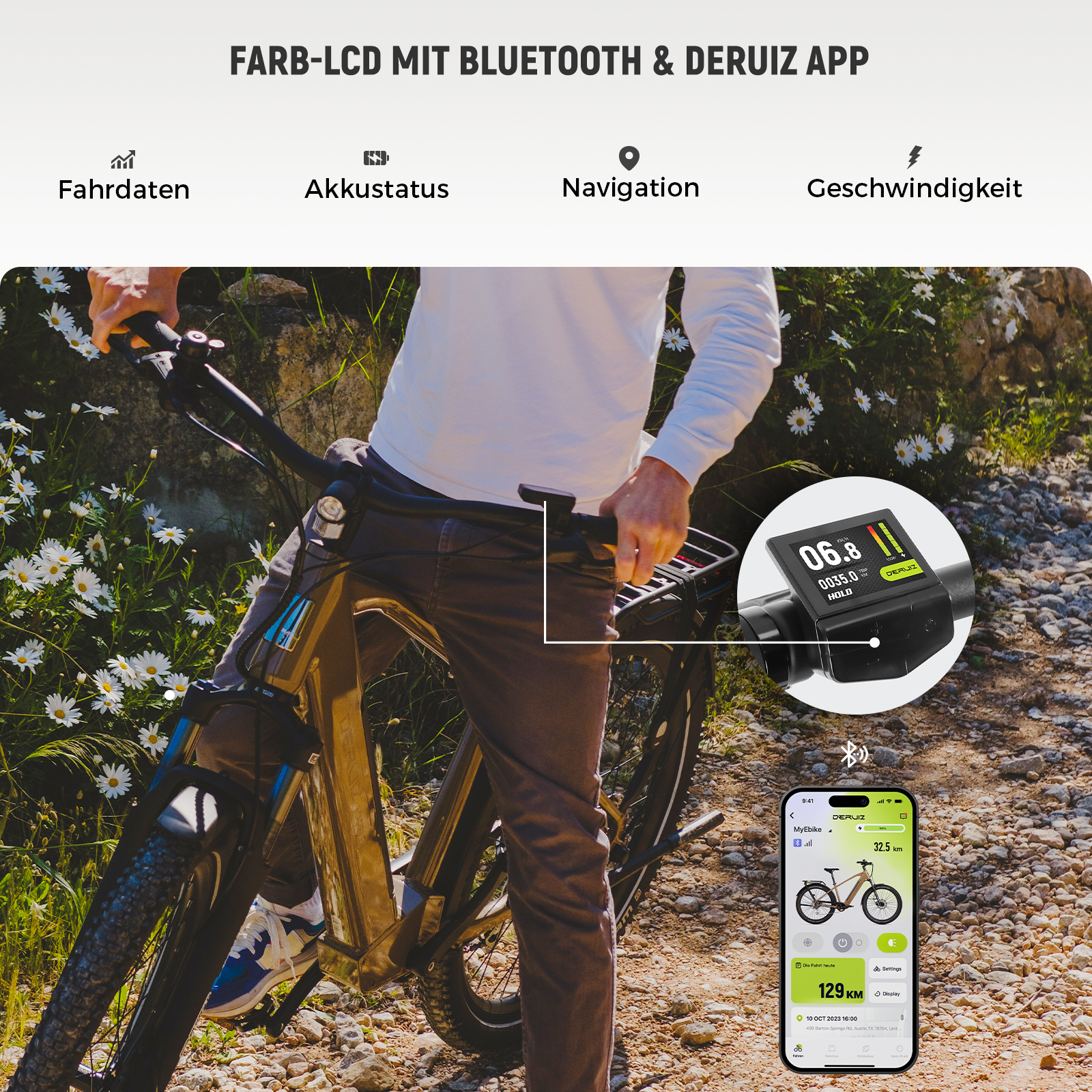 Mann mit Fahrrad, Nahaufnahme des Displays und Handy-App mit Fahrradinfos.