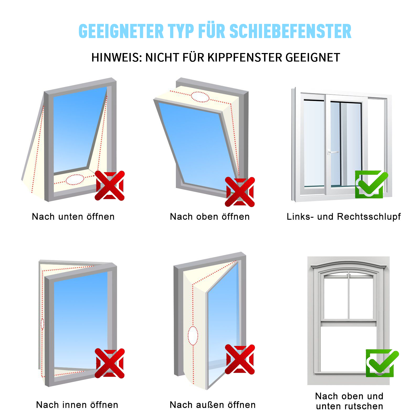 Grafiken zeigen Fensteröffnungsarten: nach unten, oben, innen, außen öffnen (mit X) und Schiebefenster (mit V).