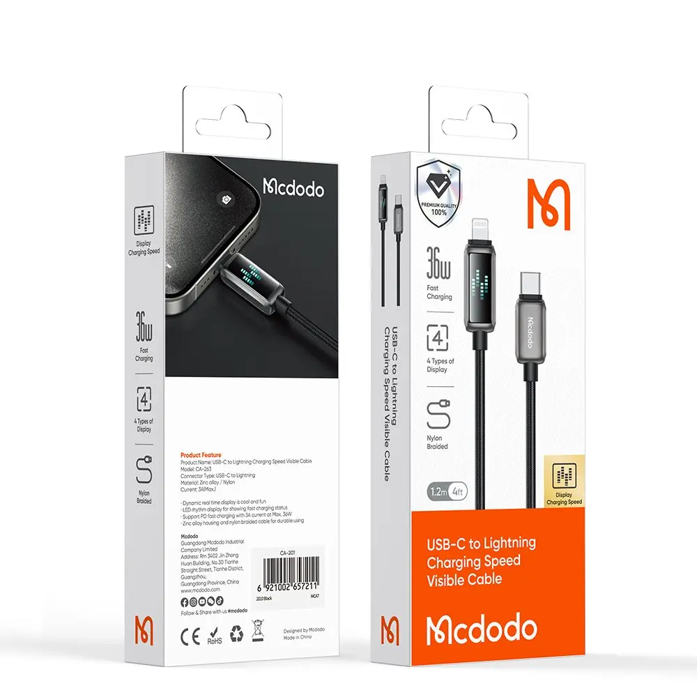 Mcdodo USB-C - Lightning şarj kablosu, görünür hız göstergeli, 36W.
