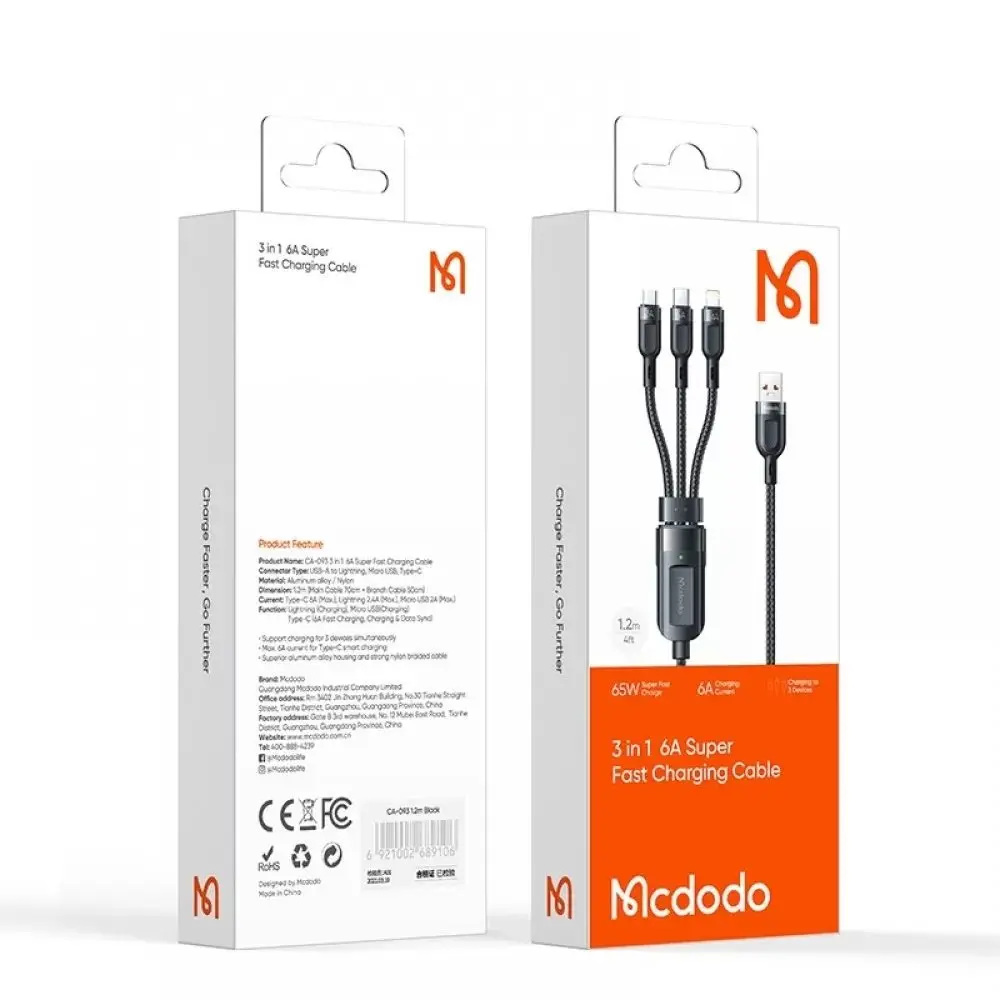 Mcdodo 3'ü 1 arada şarj kablosu ambalajı, USB-A ve üç çıkış konektörlü.