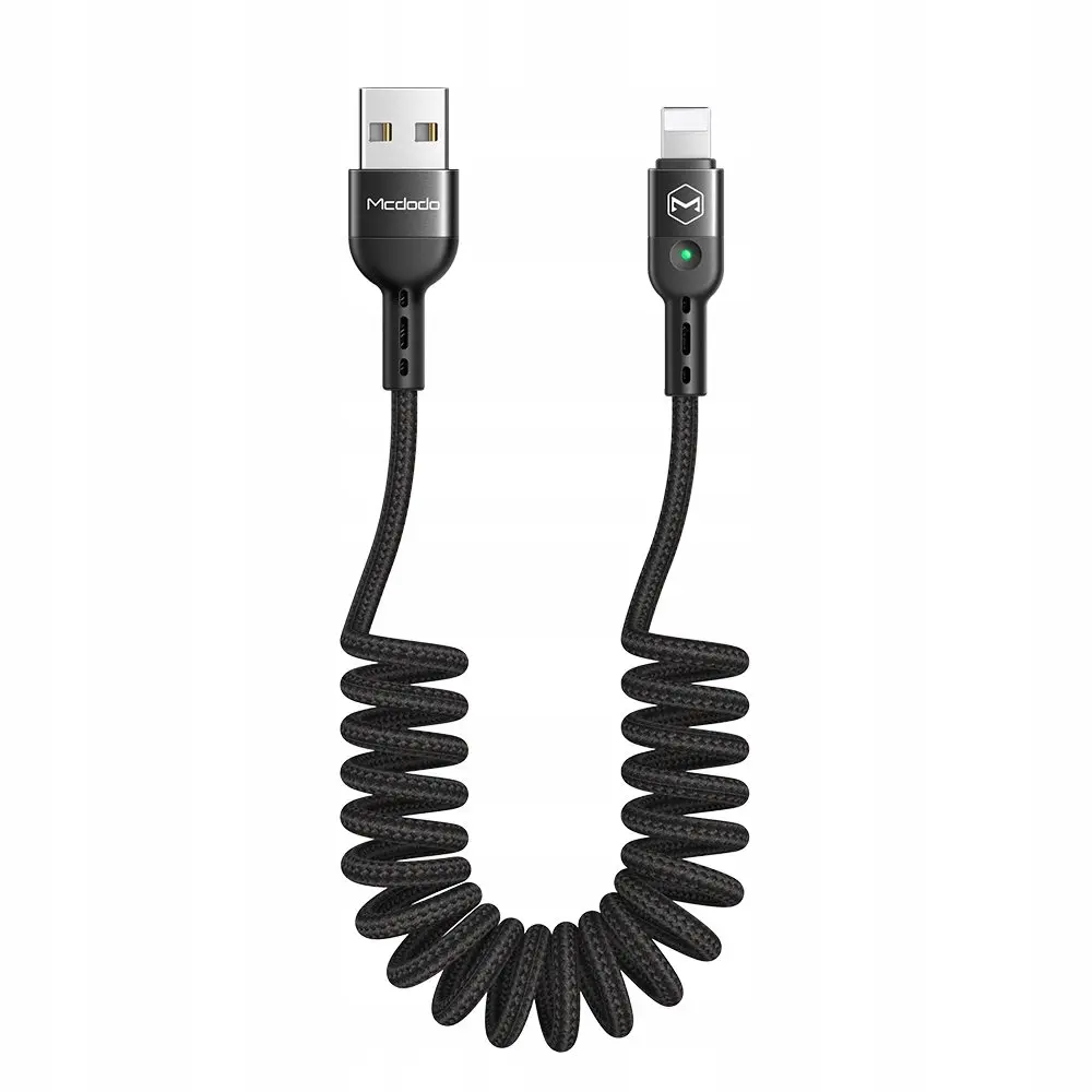 USB-A ve Lightning konektörlü siyah spiral şarj kablosu. Mcdodo logosu görünüyor.
