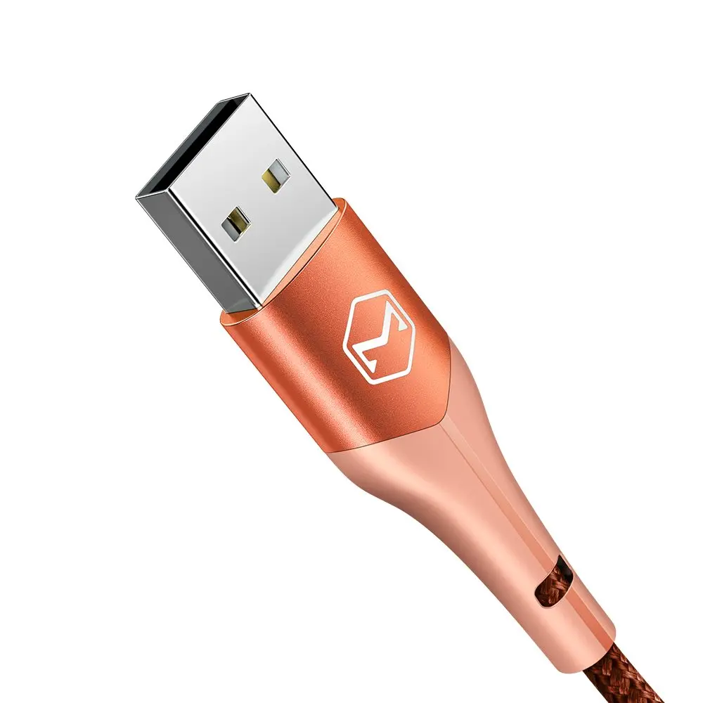 Beyaz logolu ve örgülü kablolu, rose gold USB konektörü.