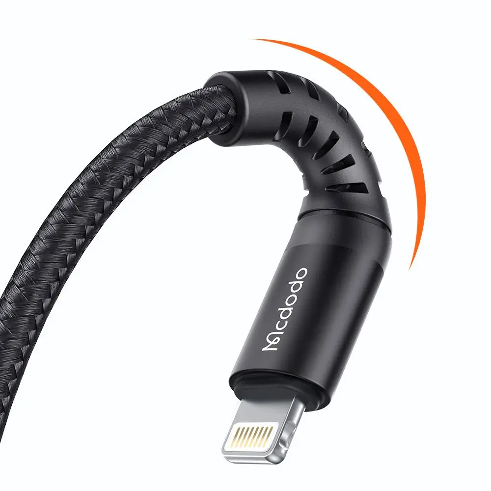 Lightning konektörlü, bükülmüş, güçlendirilmiş boyunlu siyah şarj kablosu.