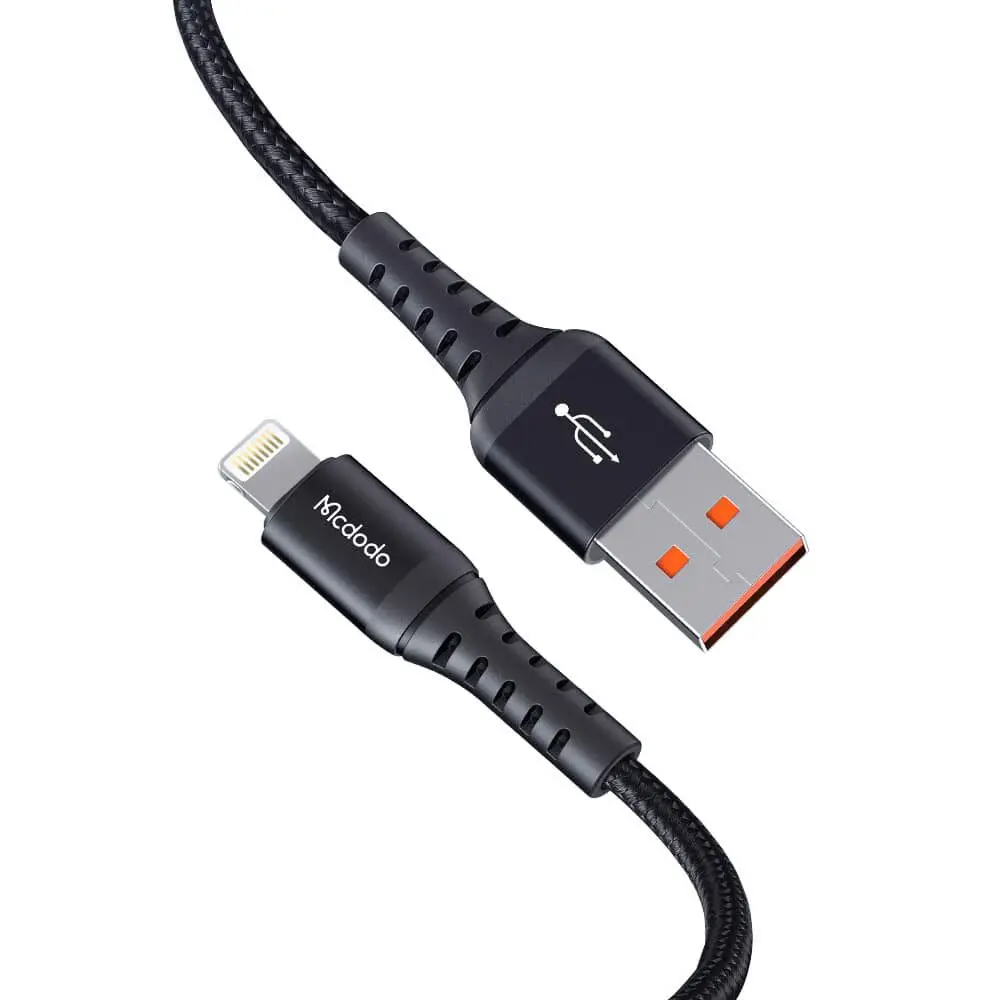 Beyaz USB sembollü ve turuncu vurgulu siyah Mcdodo Lightning - USB kablosu.