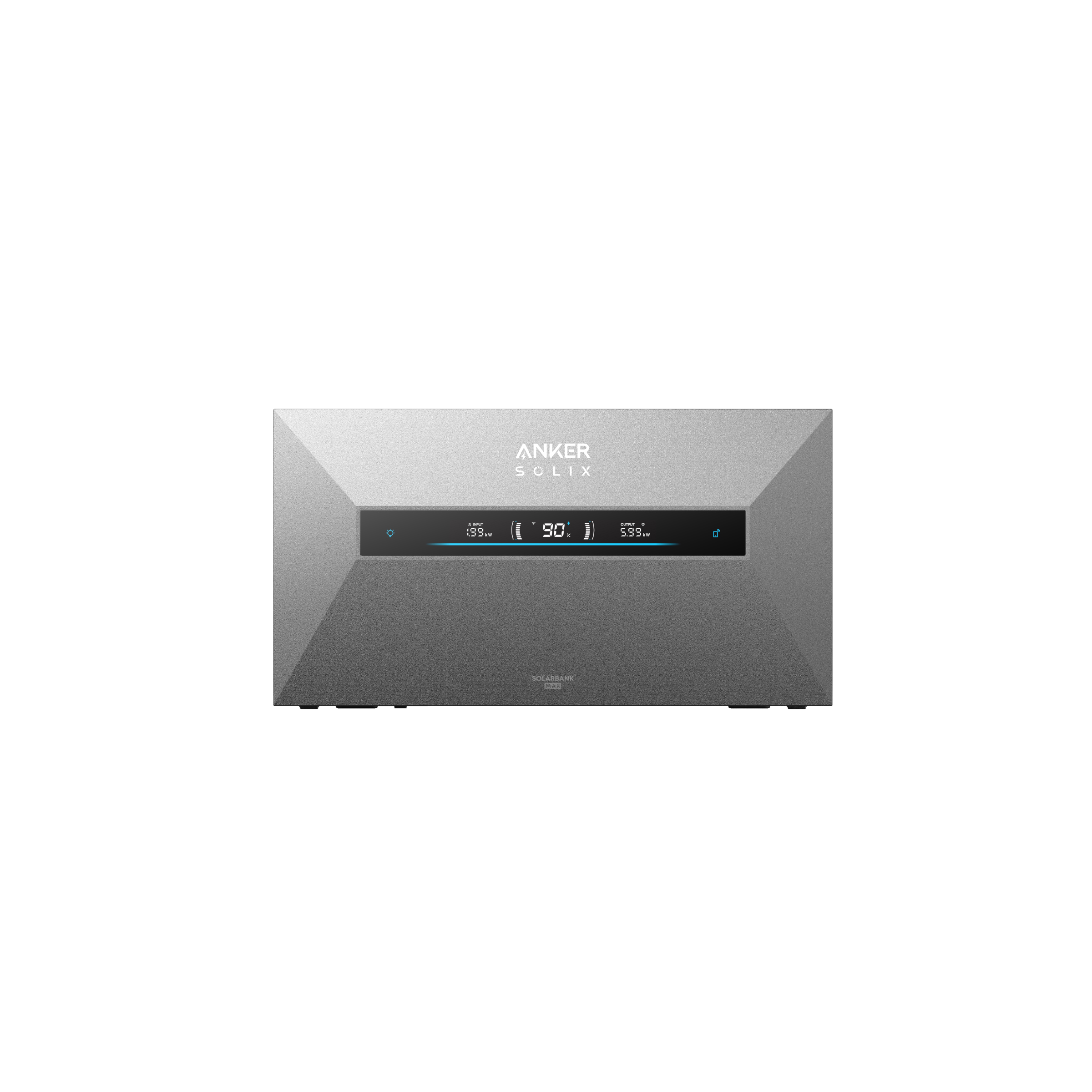 Ein graues Anker Solix Solarbank Max Gerät mit Displayanzeige.