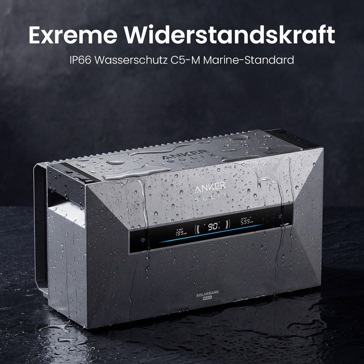 Grauer Solar-Powerbank mit Wassertropfen, Anker-Logo und digitalem Display.