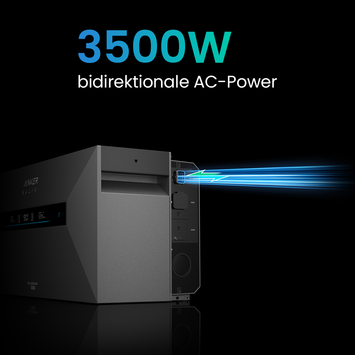 Graues Kraftwerk mit blauen Lichtstrahlen, die aus der Seite austreten. 3500W.