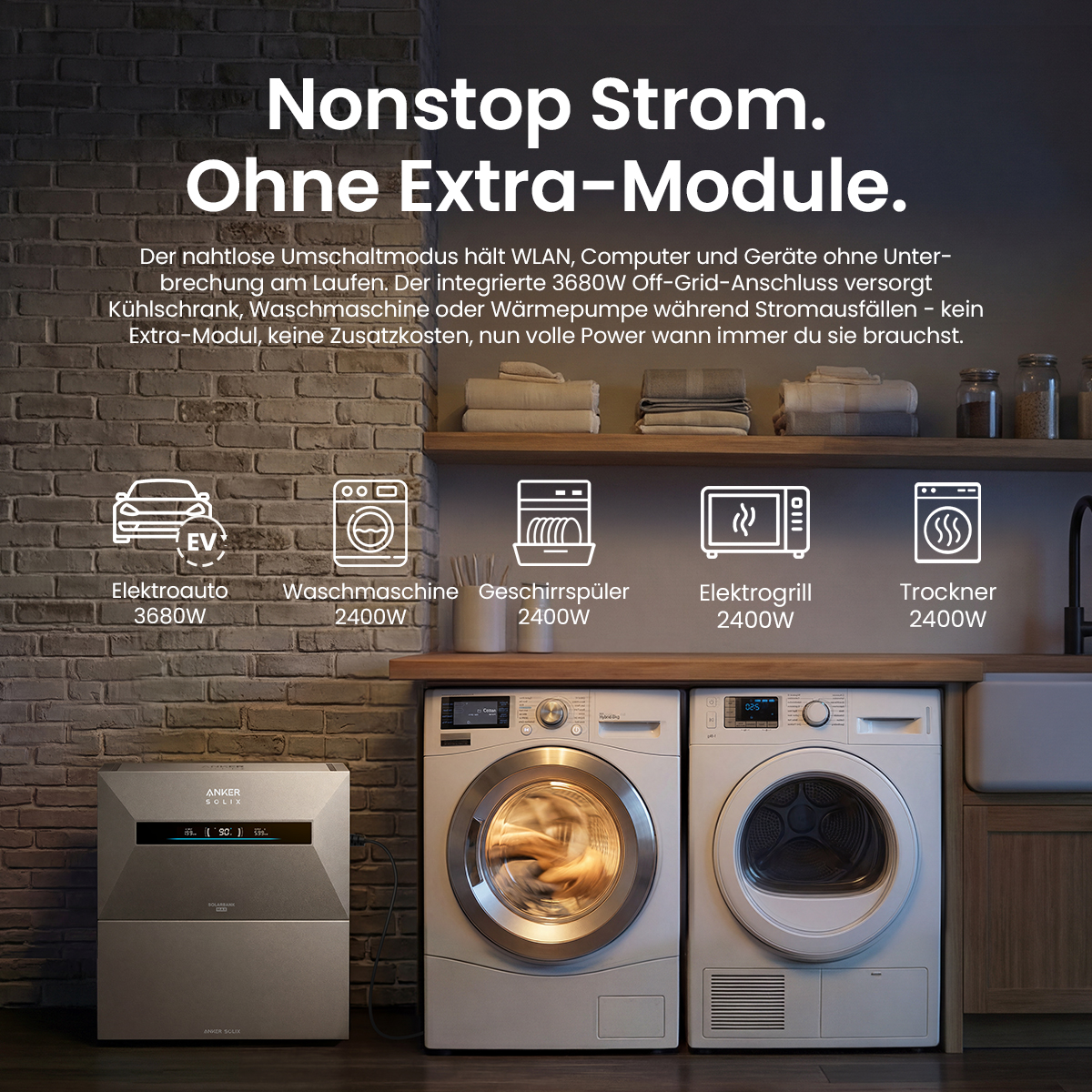 Anker Solix Strombank neben Waschmaschine und Trockner, mit Symbolen für Elektroauto, Geschirrspüler, Elektrogrill.