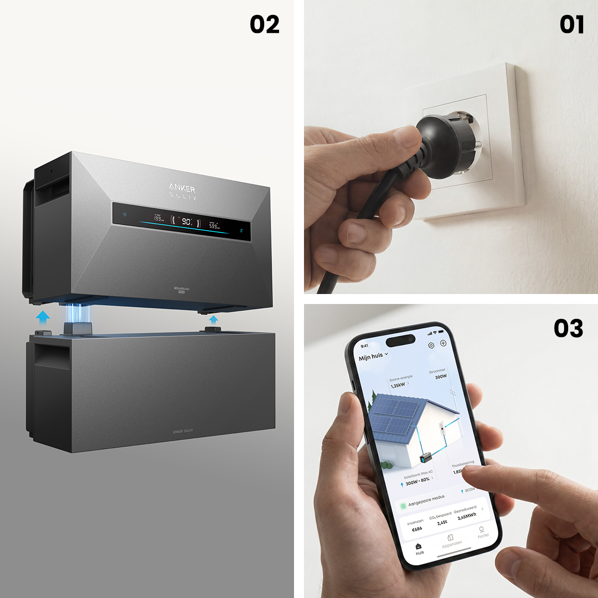 Ein Mann steckt ein Kabel in eine Steckdose, eine Batterieeinheit und eine Smartphone-App.