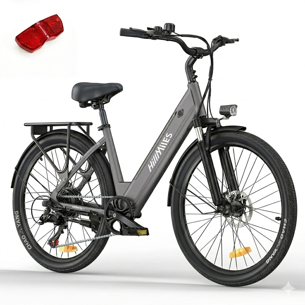 Ein graues Fahrrad mit Gepäckträger und einem roten Reflektor daneben.