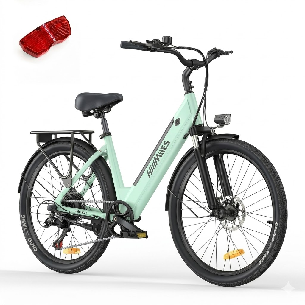 Ein mintgrünes Fahrrad mit Gepäckträger, vorne und hinten montiertem Licht und einem roten Reflektor.