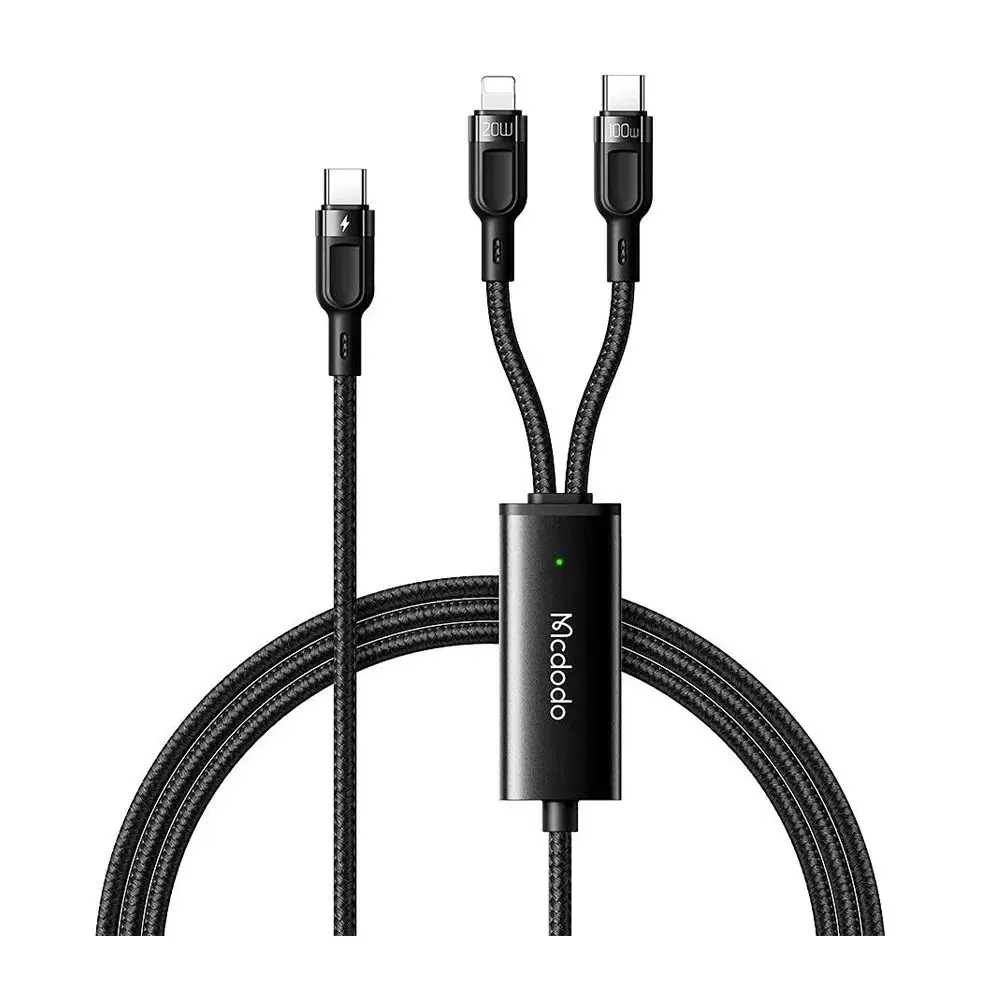 Bir Lightning ve bir USB-C konektörlü siyah USB-C kablosu.
