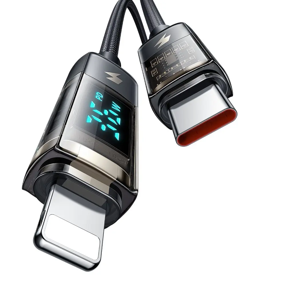 Konektörlerde dijital ekranlı bir USB-C ve bir Lightning kablosu.