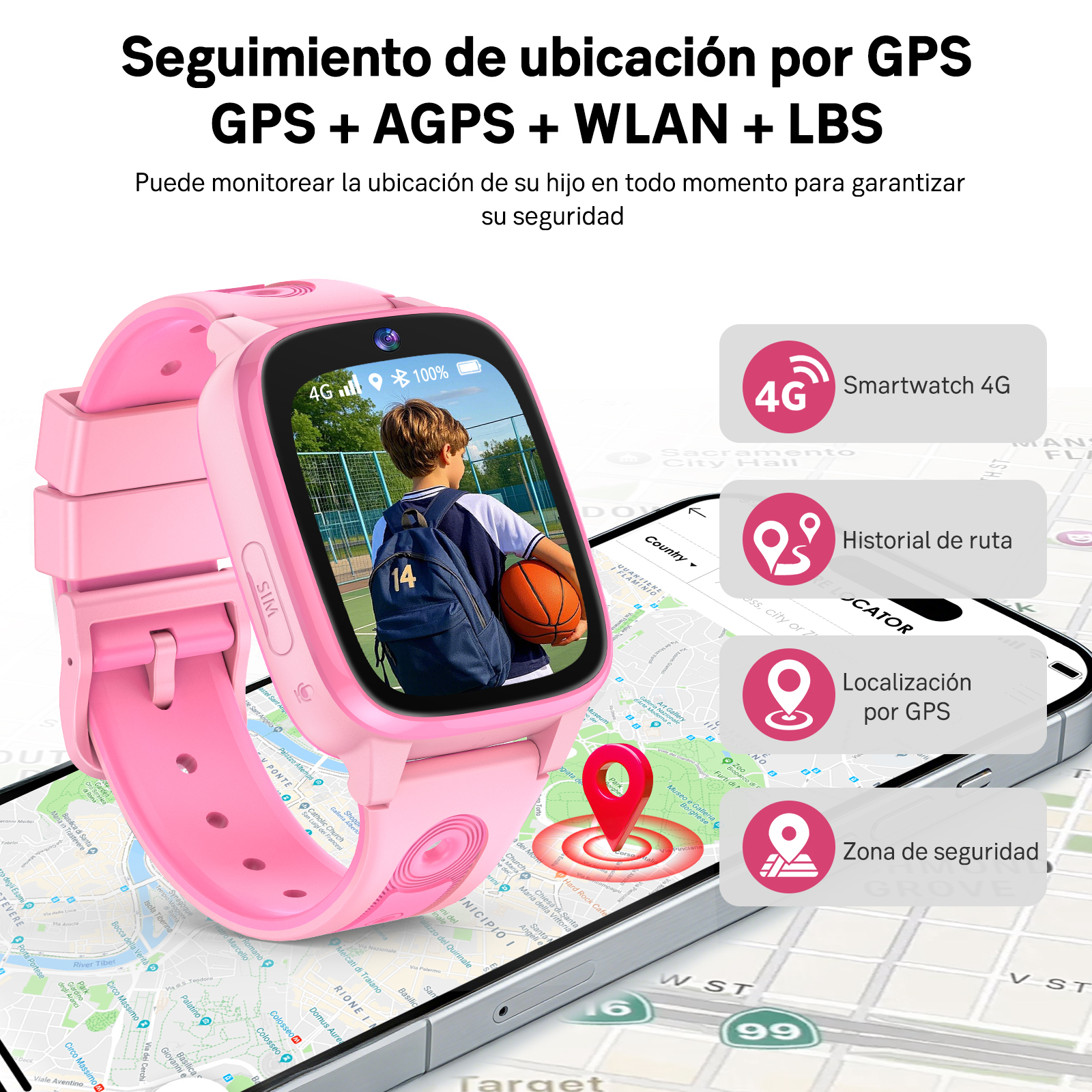 Un reloj inteligente rosa con un niño en pantalla, sobre un mapa.