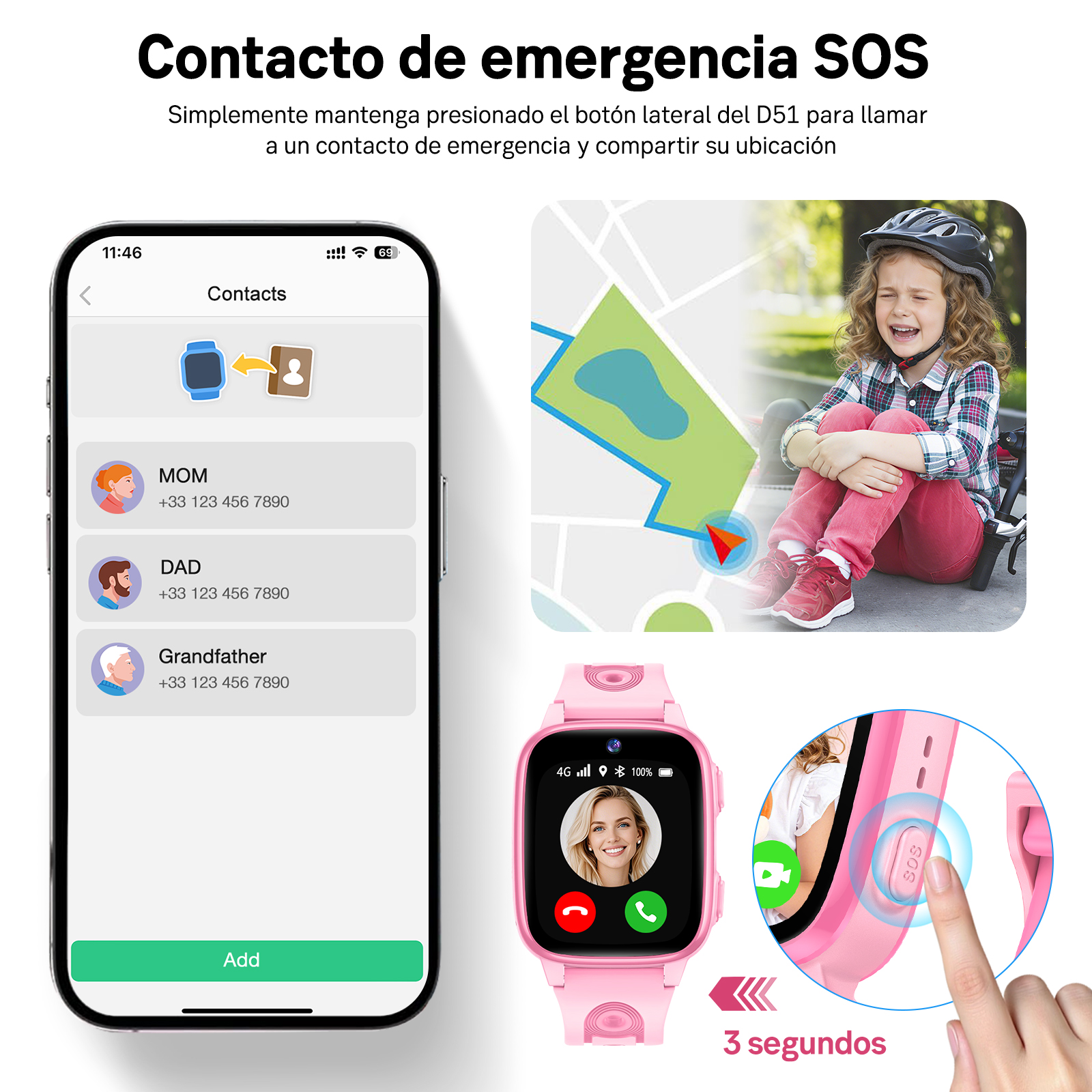Se muestra un reloj inteligente con contactos SOS y uso compartido de ubicación.