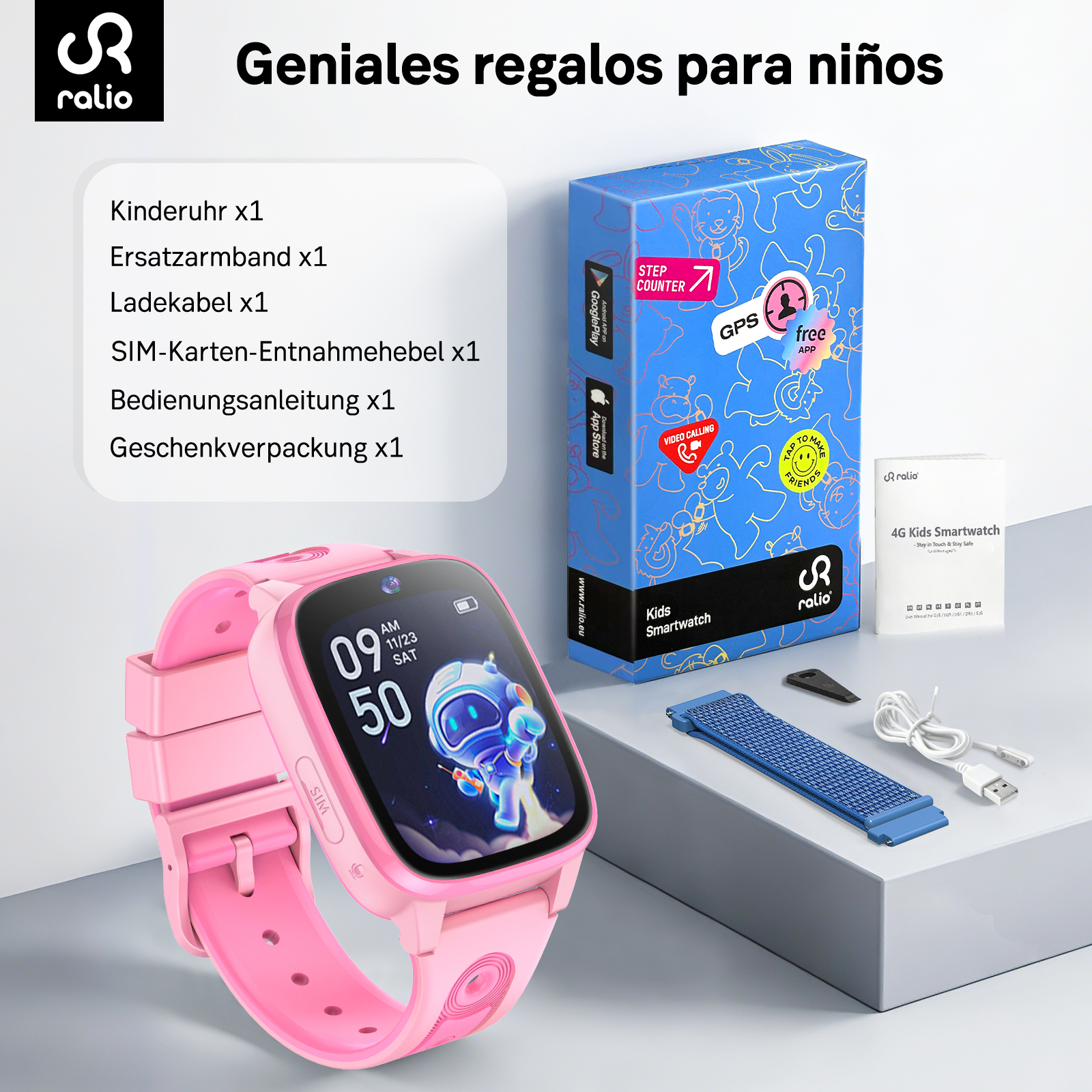 Un set de smartwatch rosa para niños con caja, cable de carga y manual.