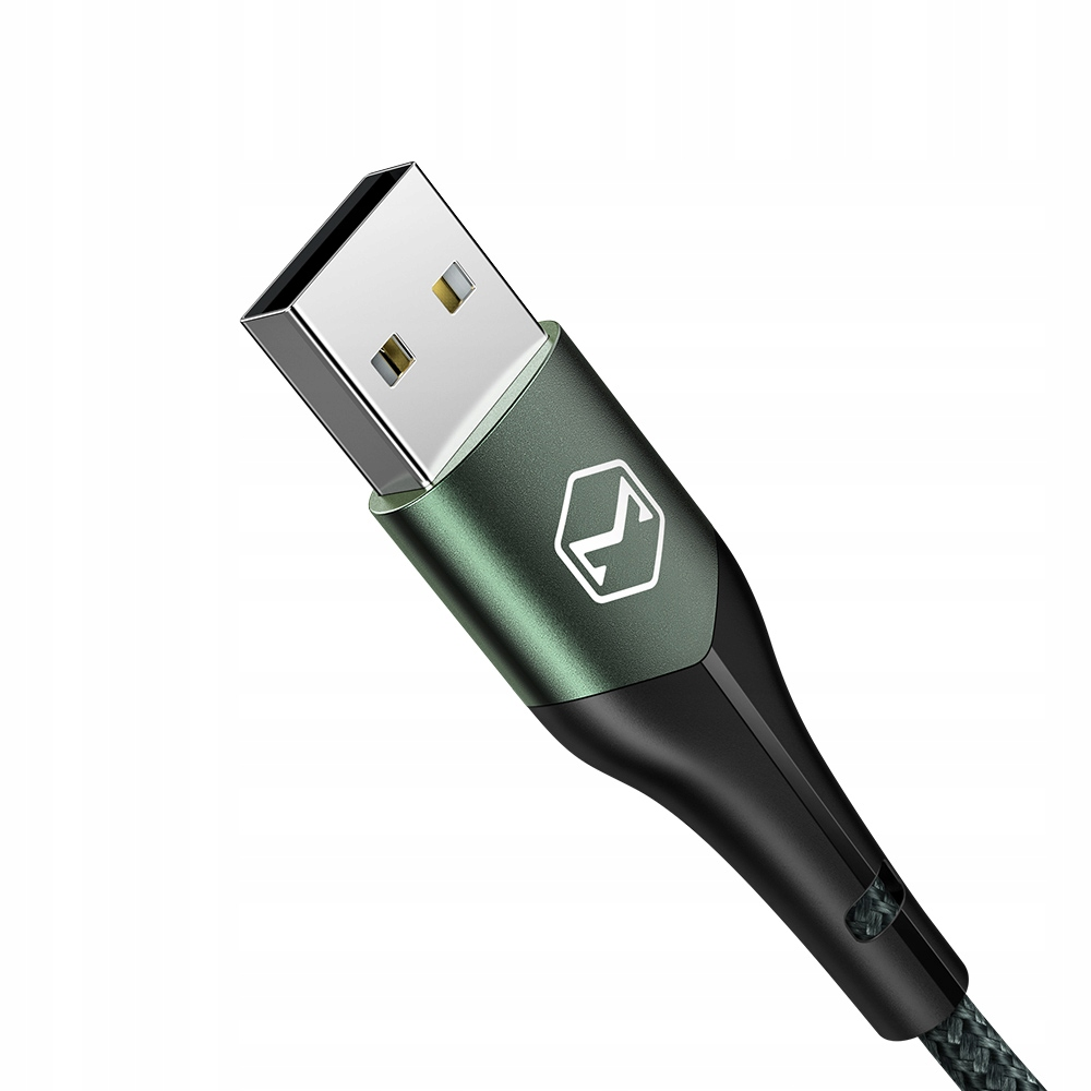 Logo içeren siyah ve yeşil USB kablo konektörünün yakından görünümü.