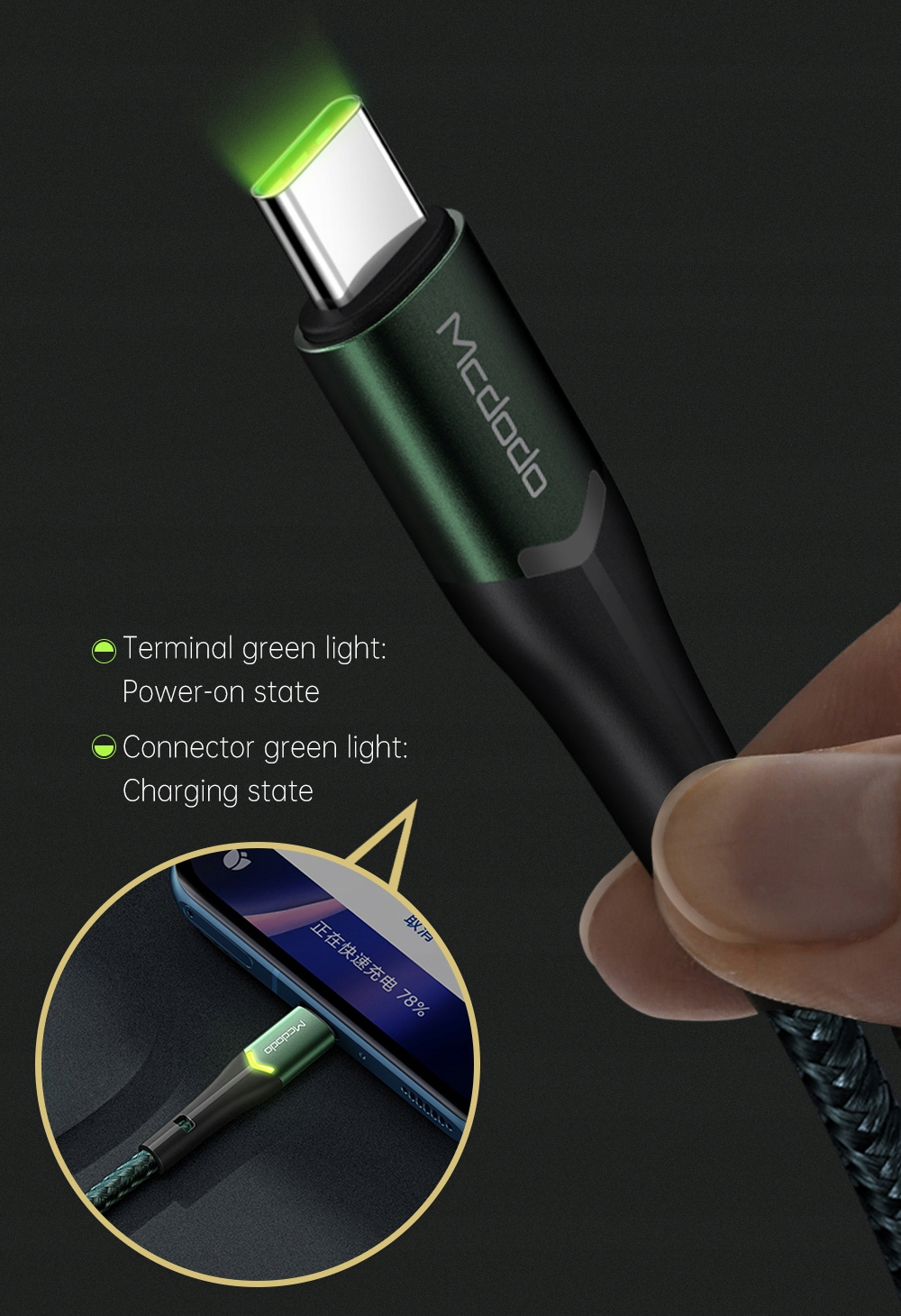 Yeşil bir Mcdodo USB-C kablosu, %78 şarj gösteren bir telefona takılı.