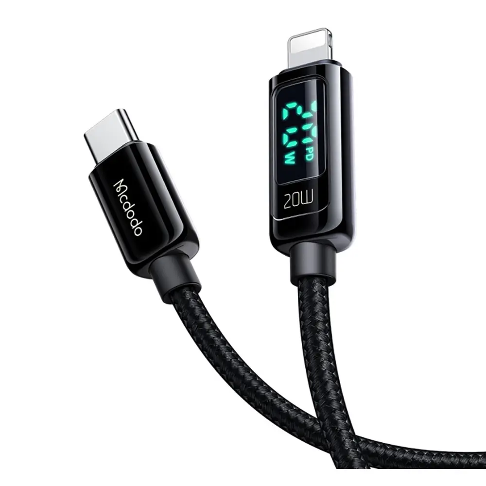 20W gösteren dijital ekranlı siyah USB-C - Lightning kablosu.