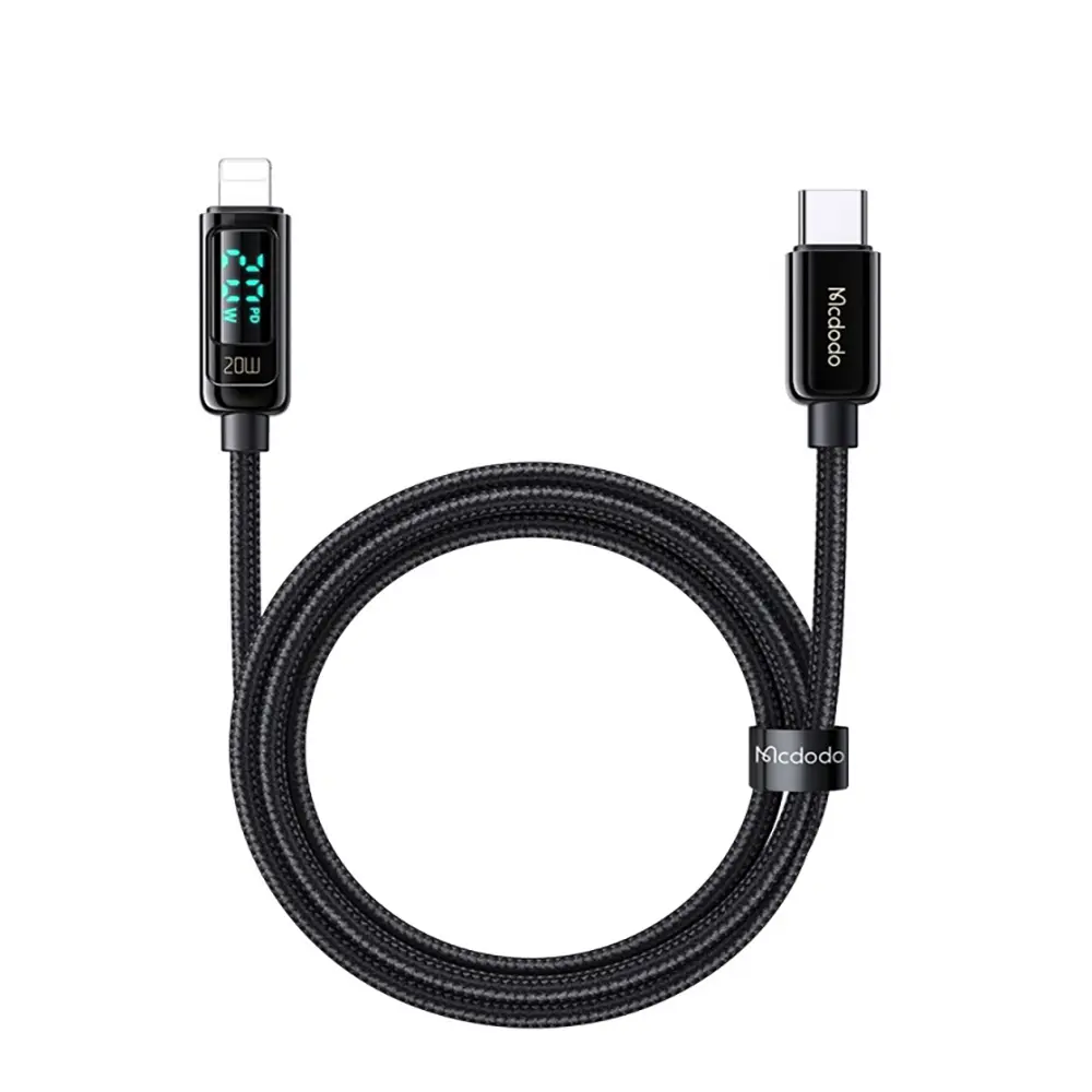 USB-C ve Lightning konektörlü siyah örgülü kablo, 20W ekran gösterir.