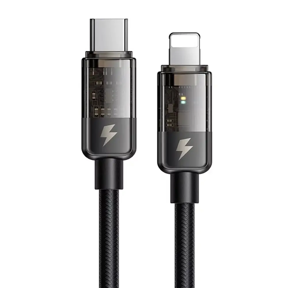 Dahili bileşenleri gösteren şeffaf konektörlü siyah bir USB-C - Lightning kablosu.