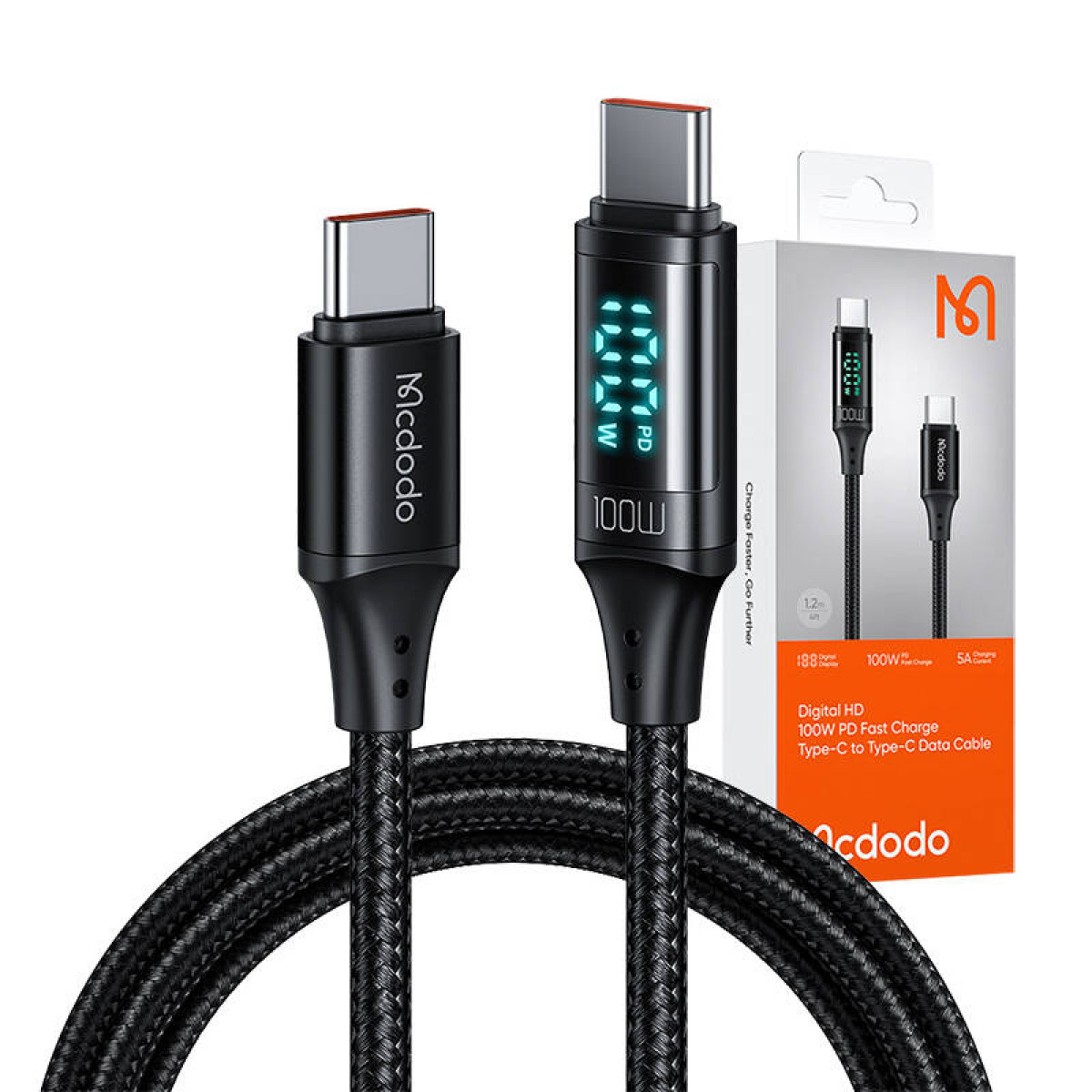 100W PD gösteren dijital ekranlı siyah Mcdodo USB-C kablosu.