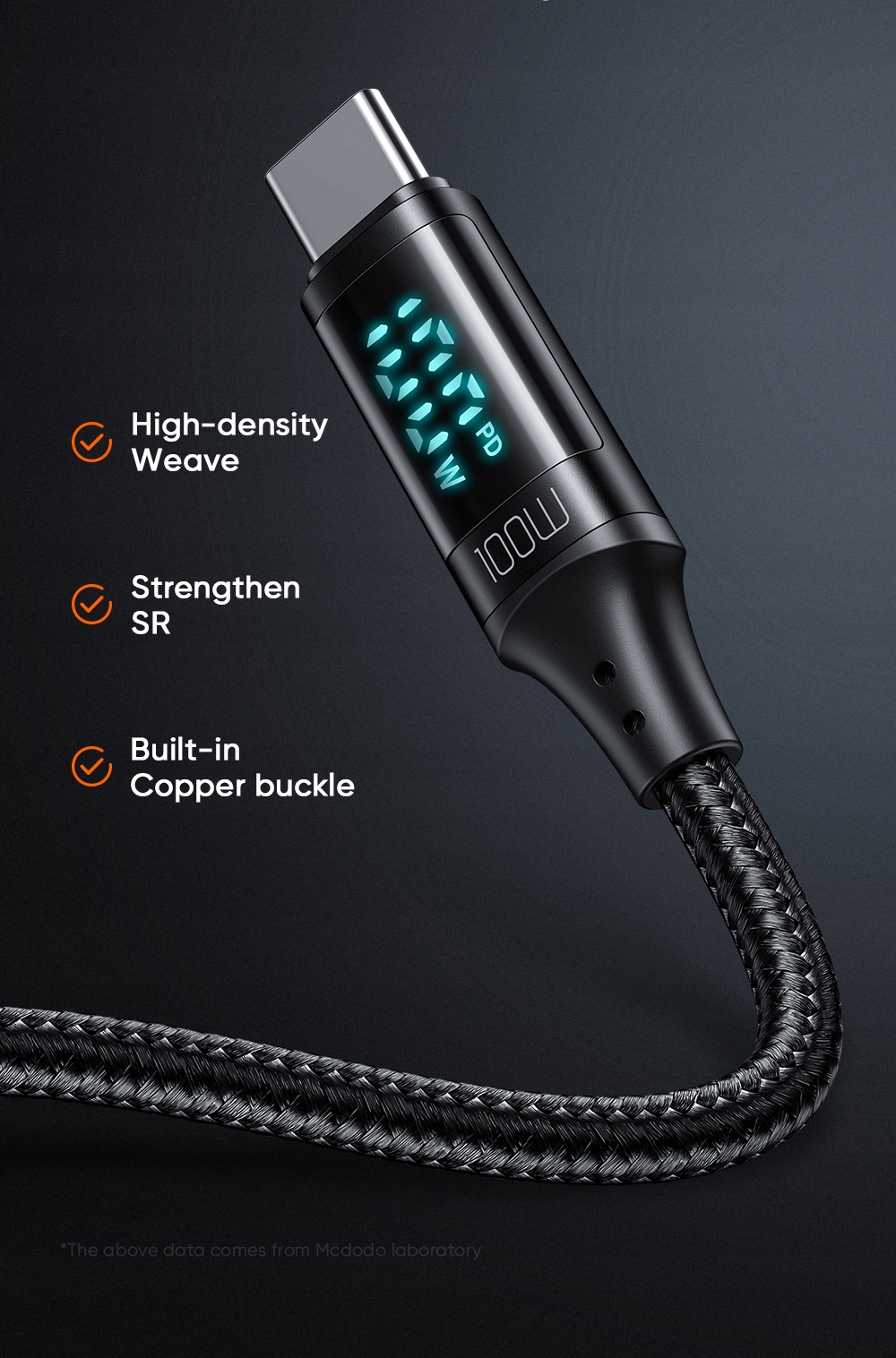 Dijital ekranlı siyah USB-C kablo, 100W güç gösteriyor.