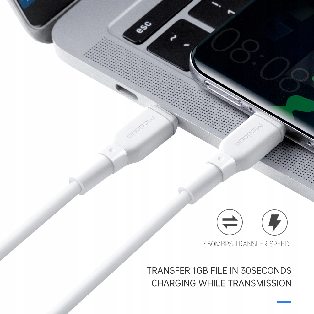 Beyaz USB-C kablolar telefon ve dizüstü bilgisayara bağlanır, aktarım hızı simgeleri gösterilir.