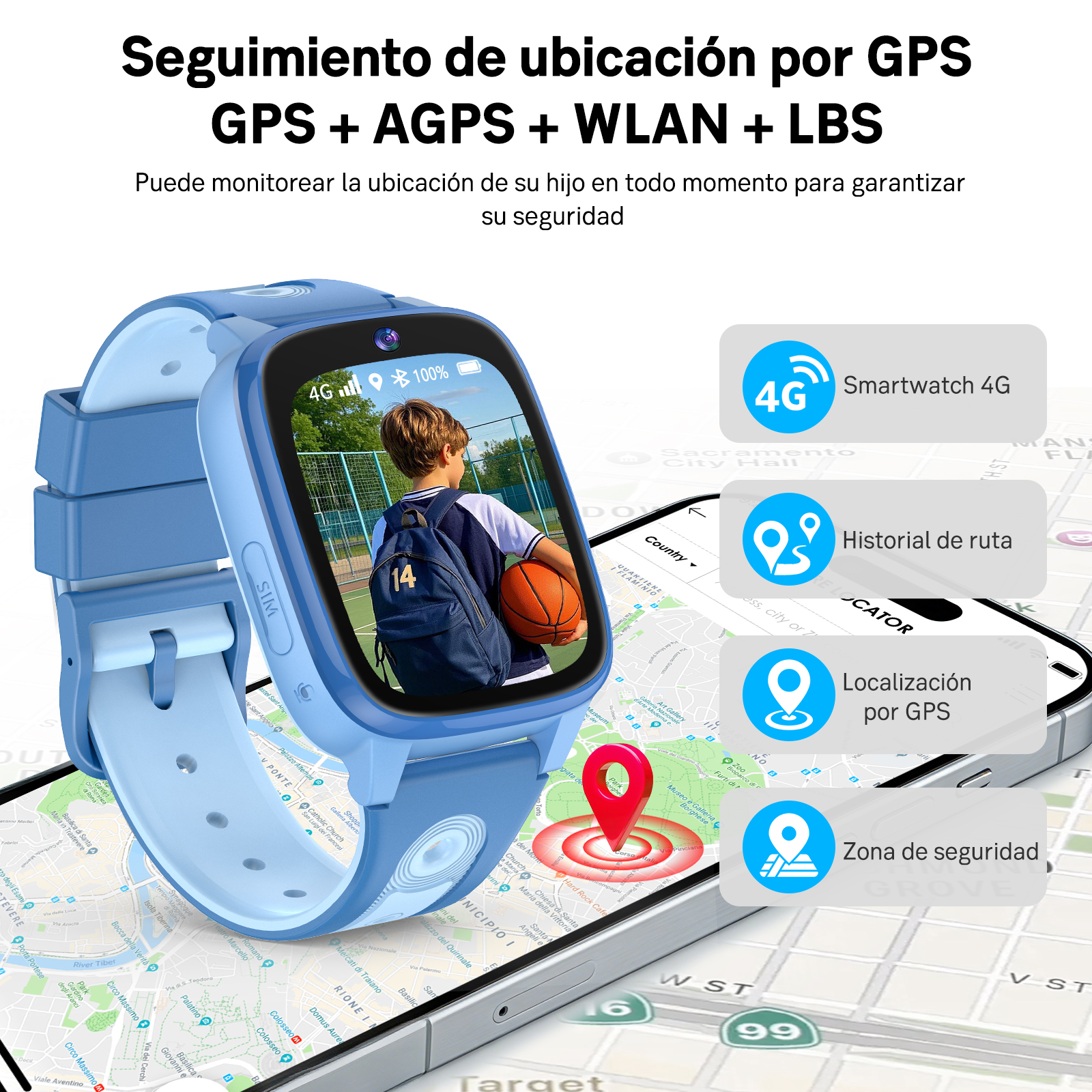 Reloj inteligente azul que muestra un niño con un balón y una interfaz de mapa.
