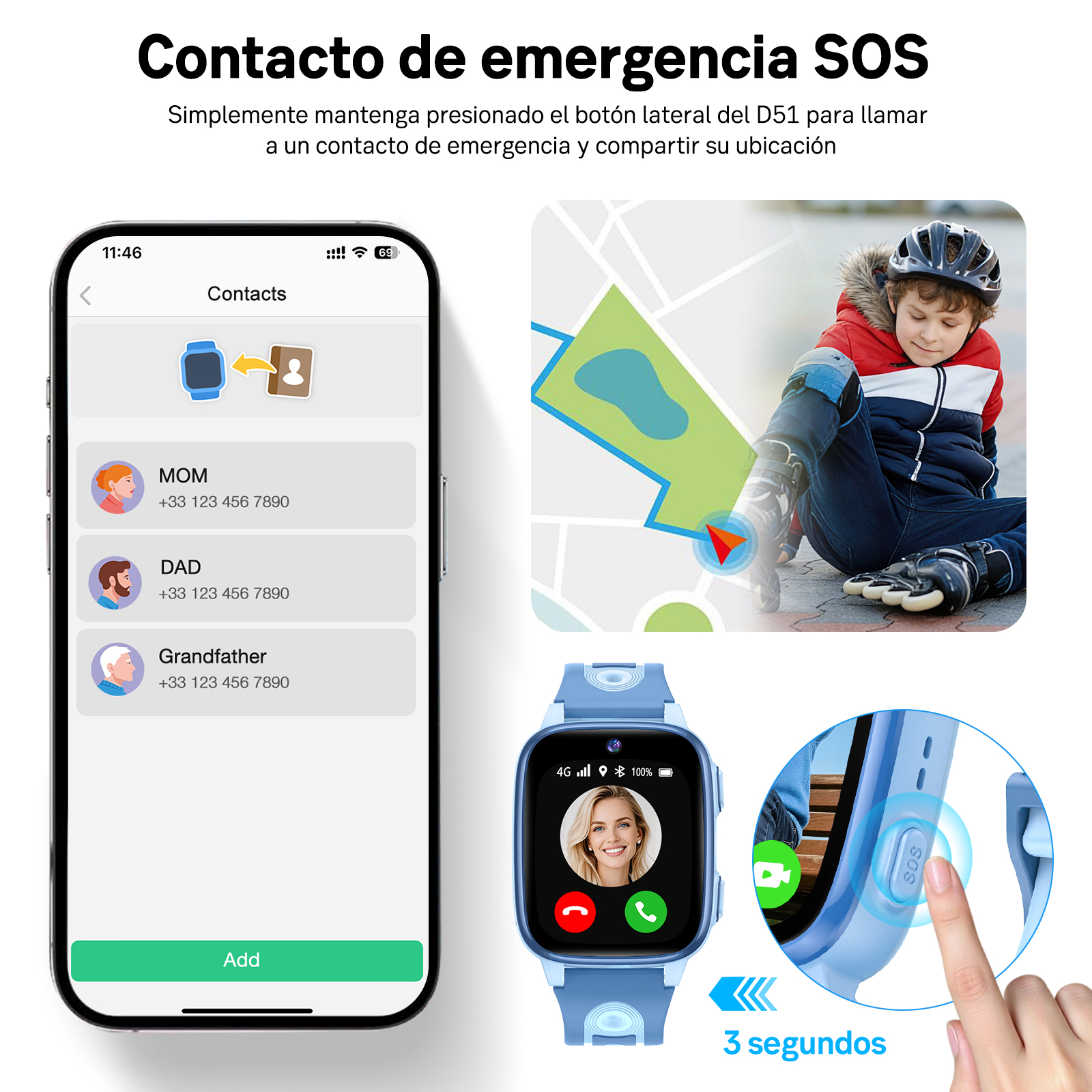 Pantalla de reloj inteligente muestra contactos SOS, mapa y niño con casco.