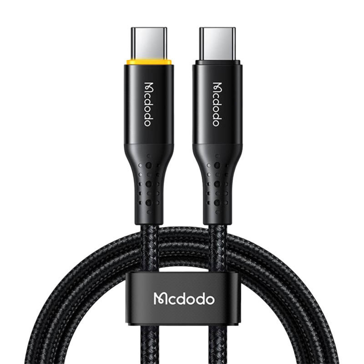 McDodo logolu, sarı vurgulu iki siyah USB-C kablosu.