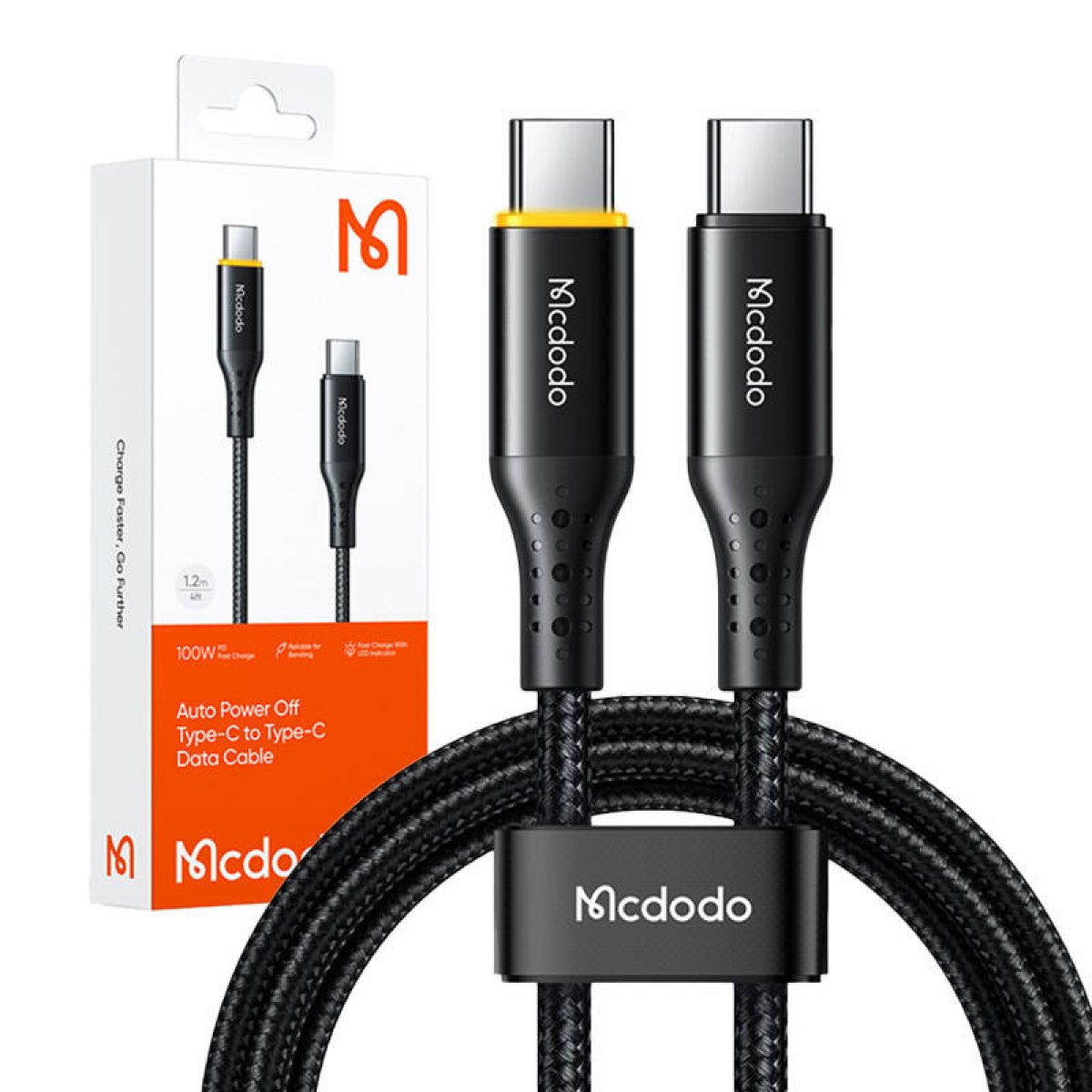 Sarı detaylı ve ambalajlı iki adet siyah Mcdodo USB-C - USB-C kablosu.