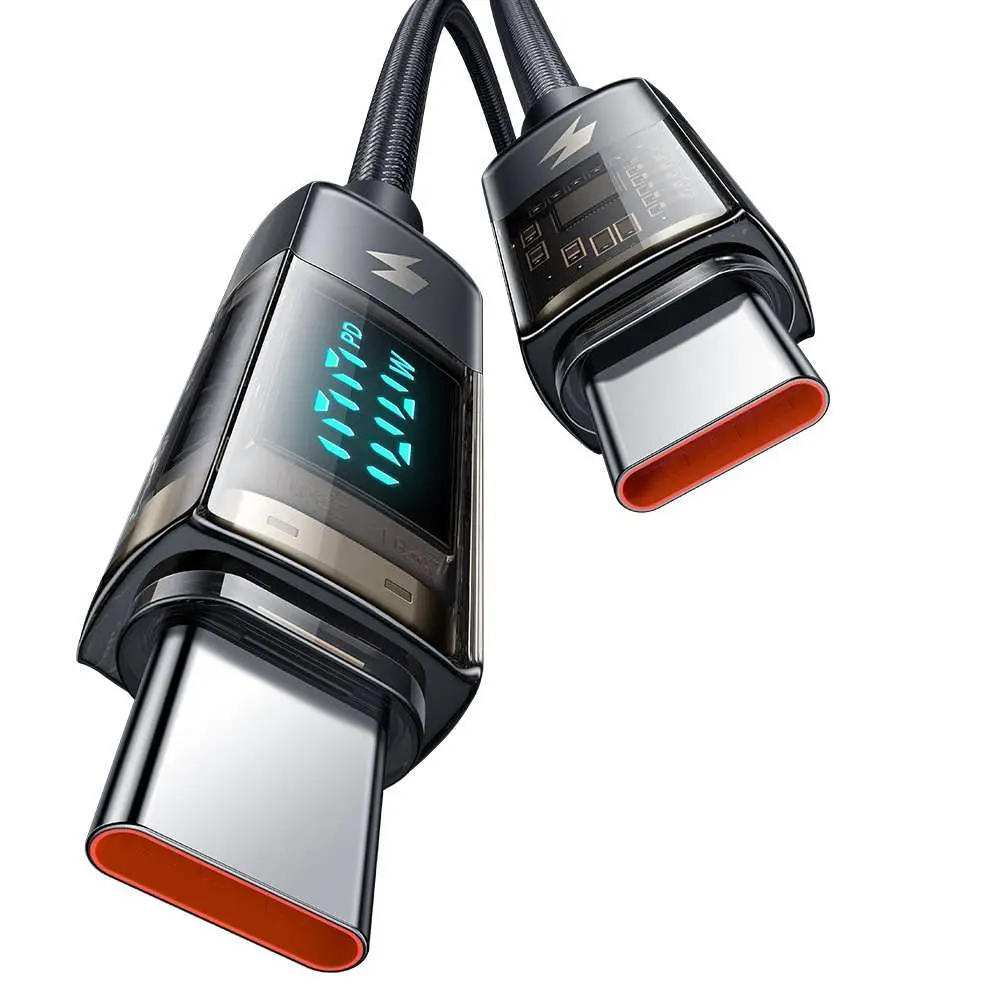 Şarj göstergeli ve turuncu vurgulu iki USB-C kablosu, beyaz arka plan.