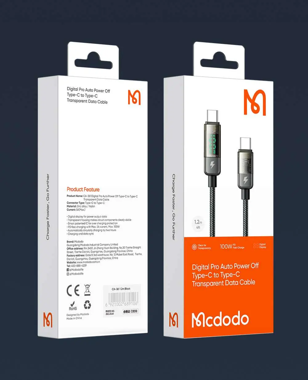 Type-C'den Type-C'ye kabloları gösteren iki Mcdodo kablo kutusu.