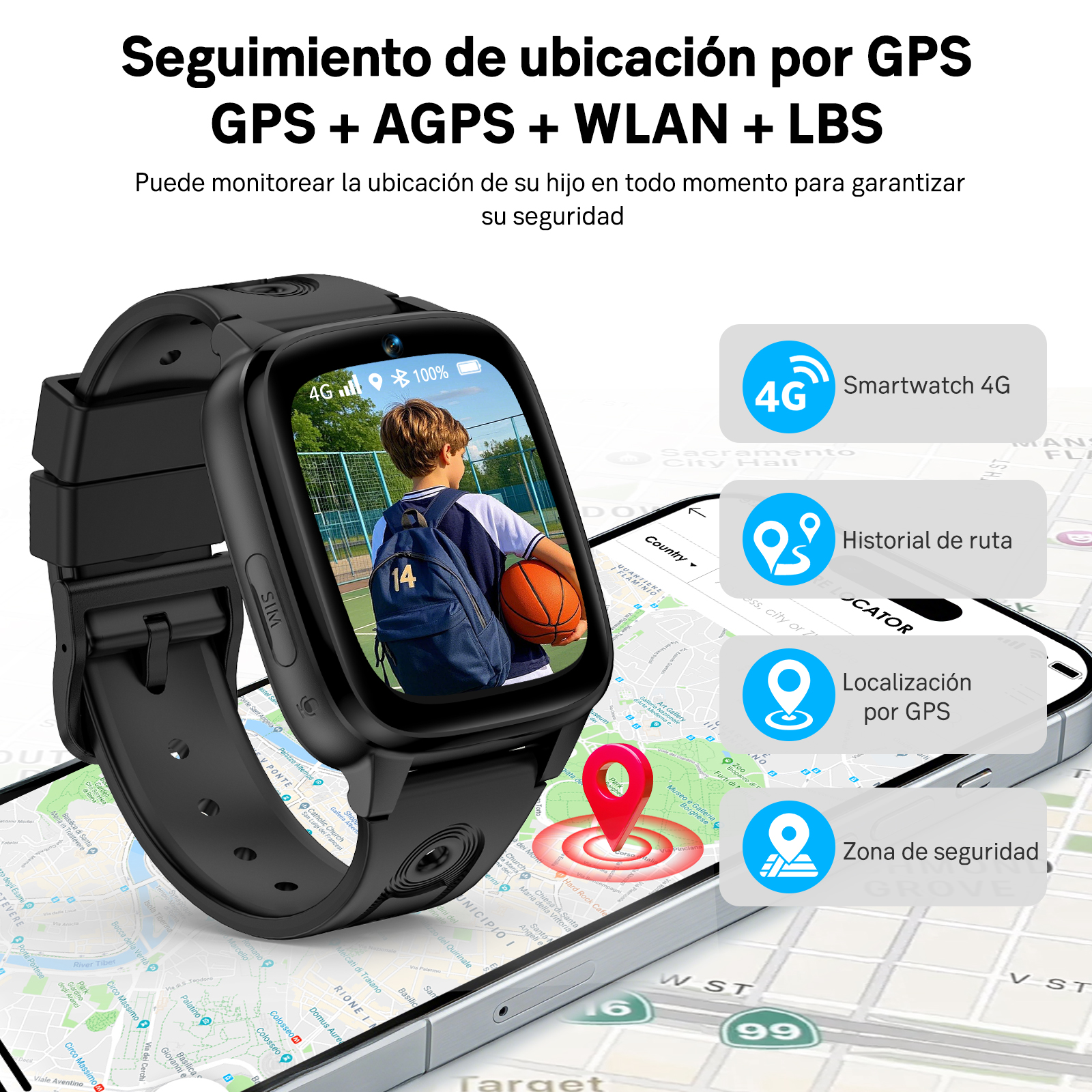 Un smartwatch negro muestra a un niño con mochila y balón. Superposiciones explican funciones.