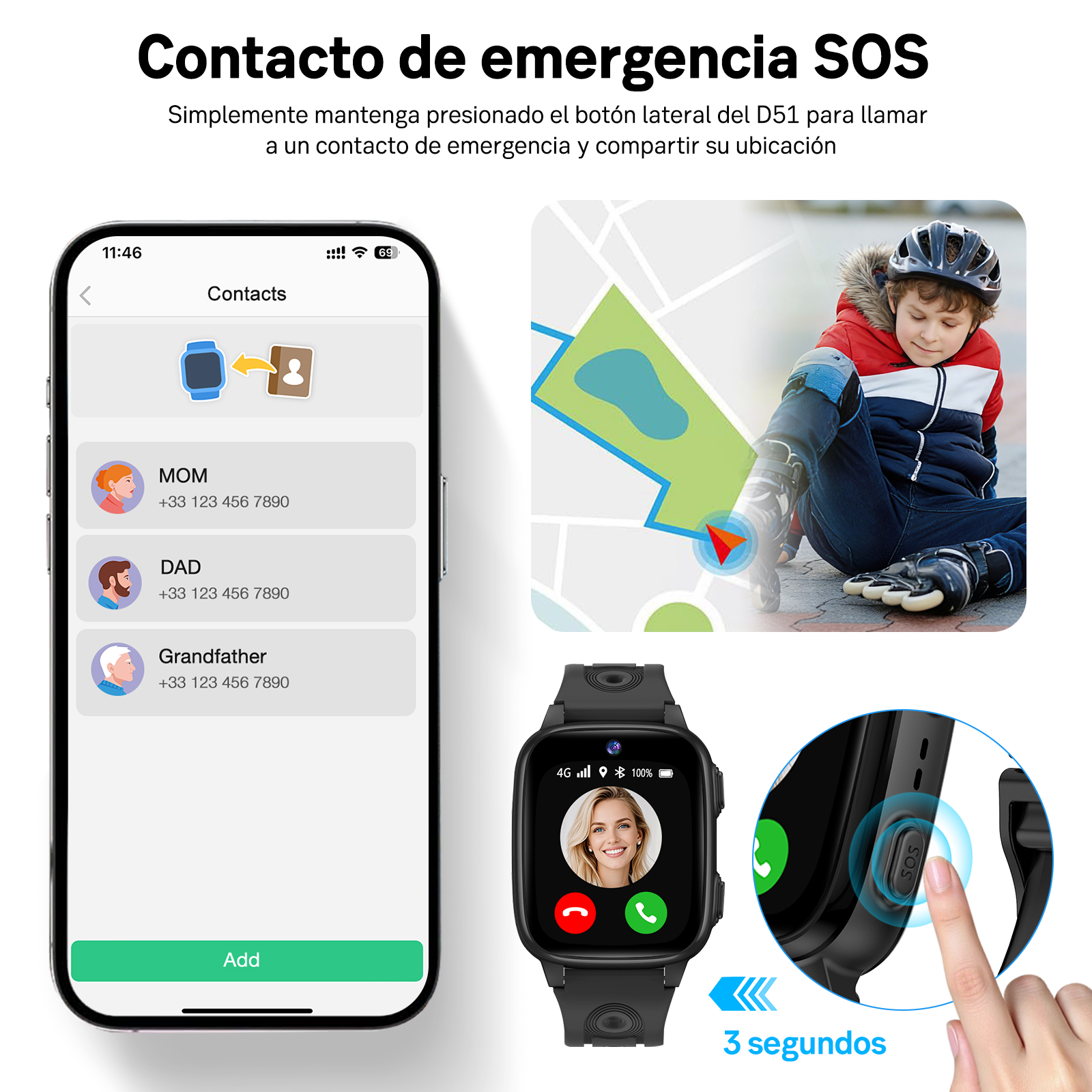 Un smartwatch con función SOS, mapa y niño.